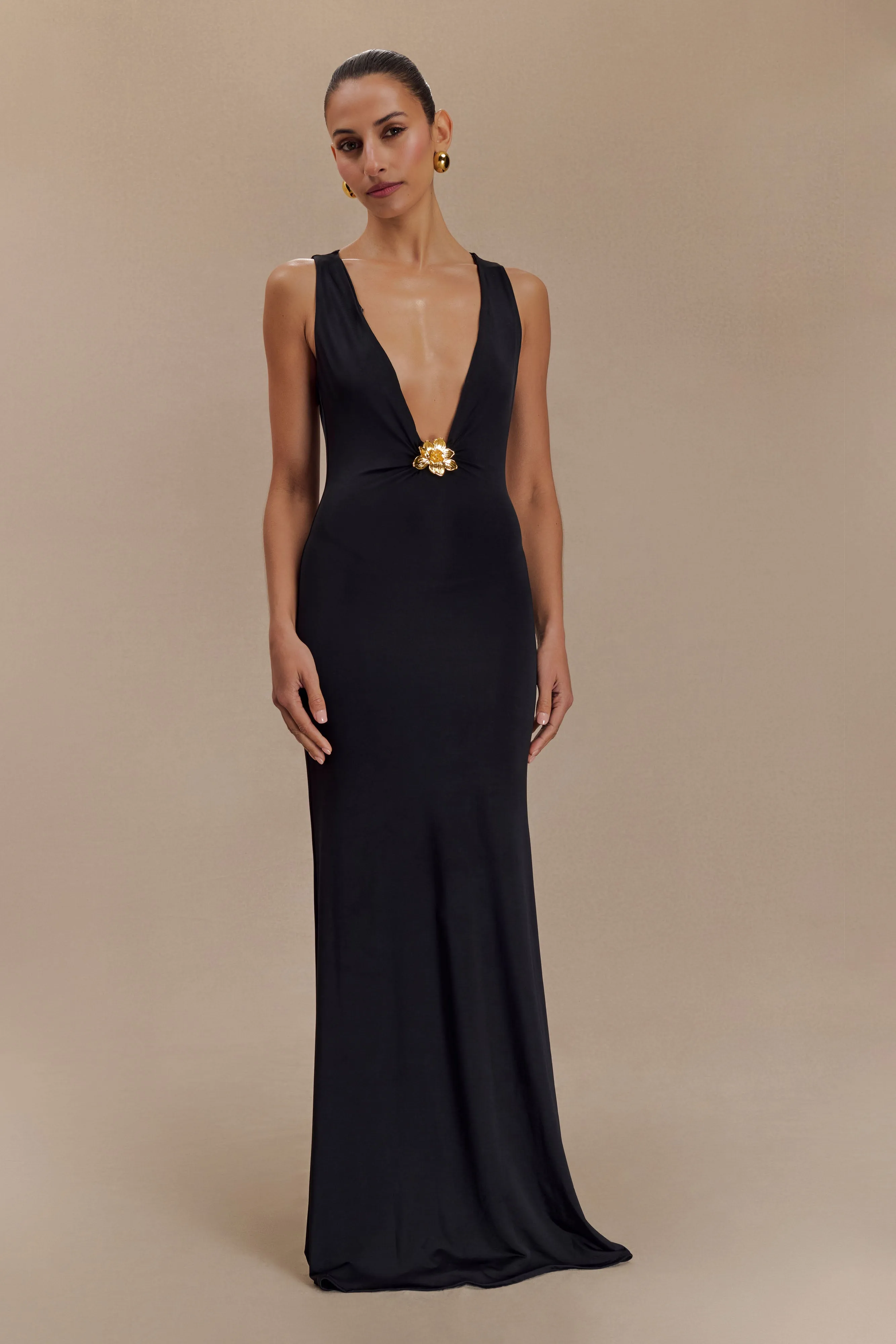 Beck Plunge Maxi Dress With Floral Hardware - Black Functional Fit