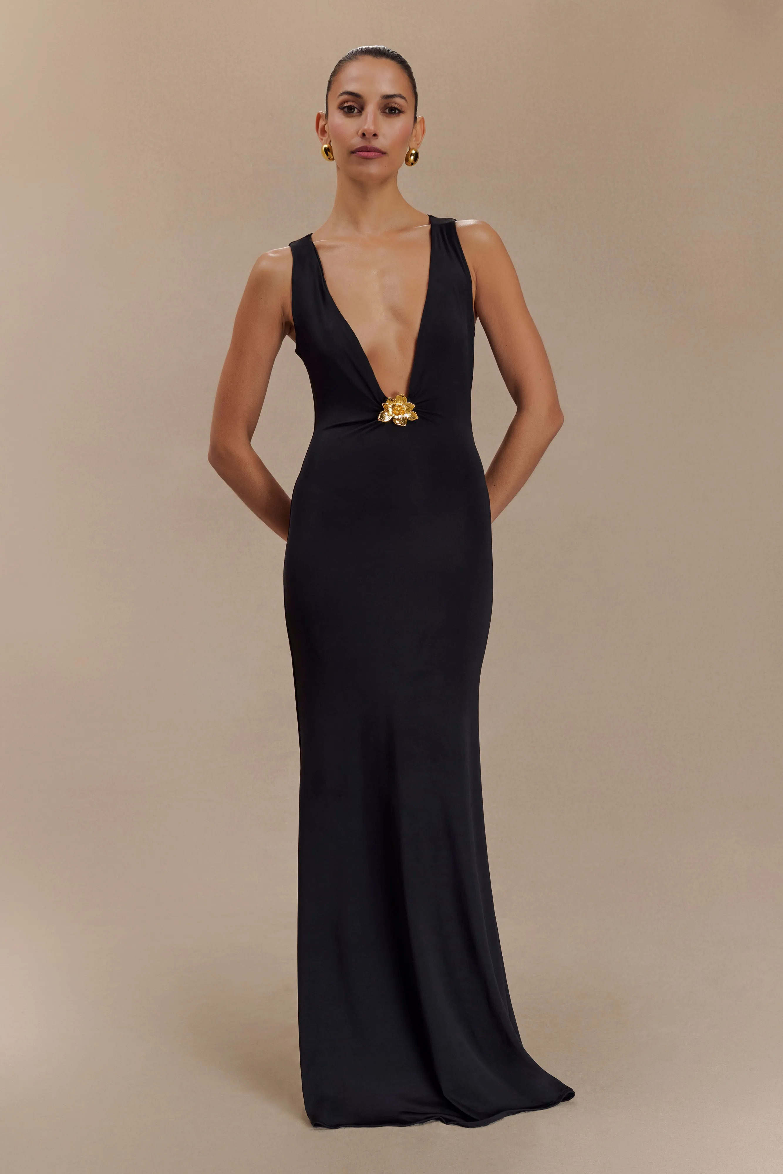 Relaxing Style effortless grace Beck Plunge Maxi Dress With Floral Hardware - Black
