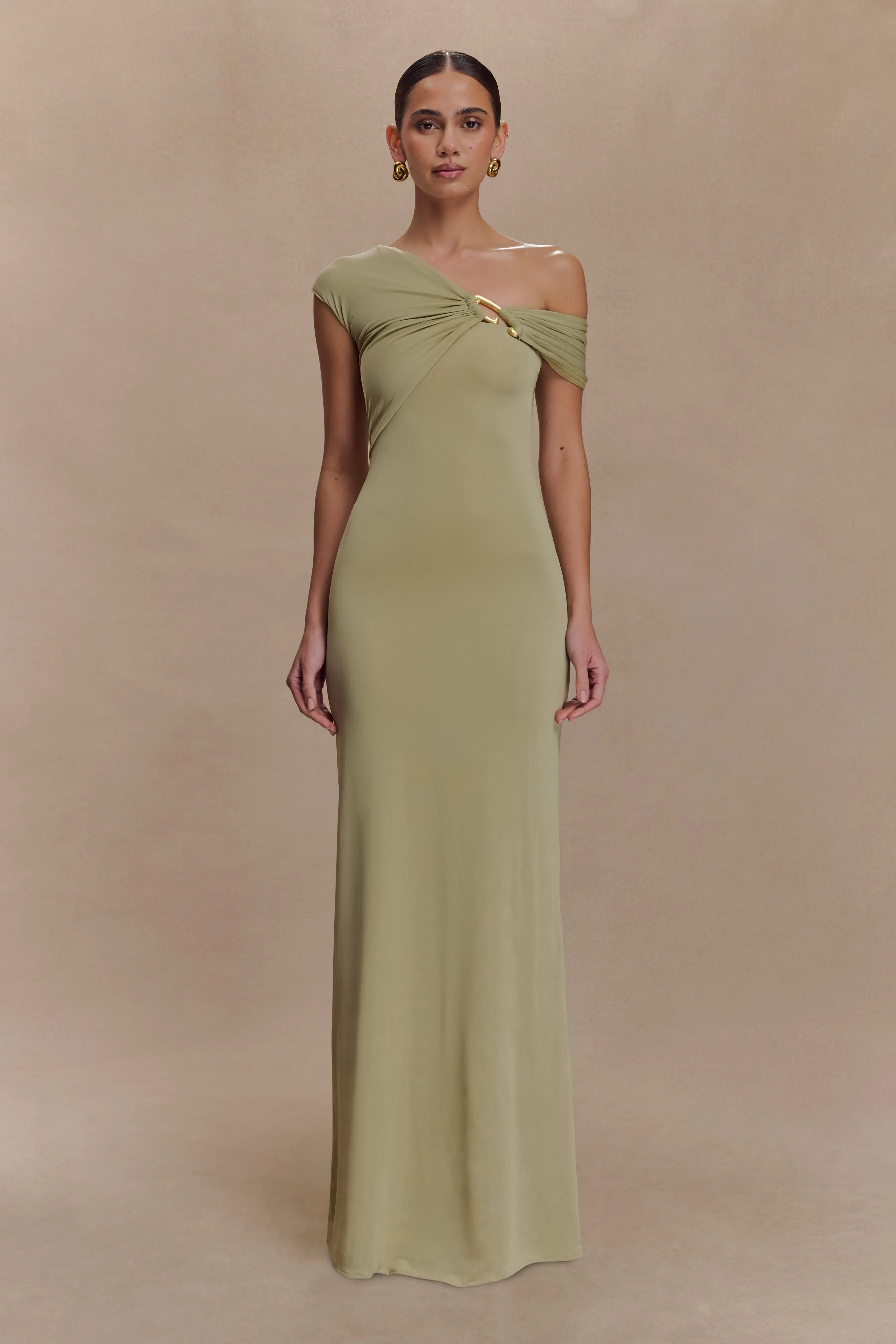 Love Glow Climate-Adaptive Ashford Asymmetrical Slinky Maxi Dress - Sage