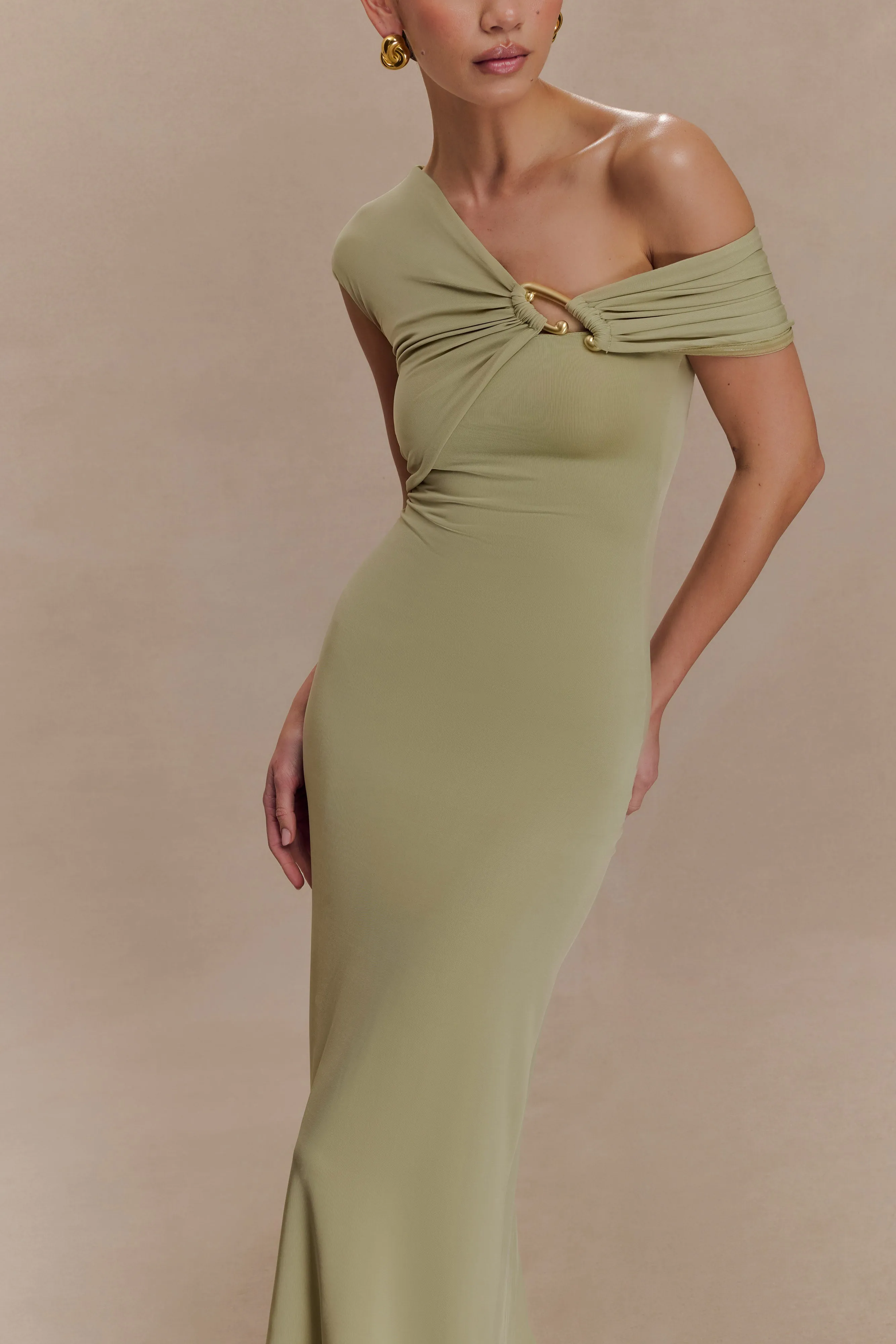 Ashford Asymmetrical Slinky Maxi Dress - Sage Polite Vibe Golden Scene