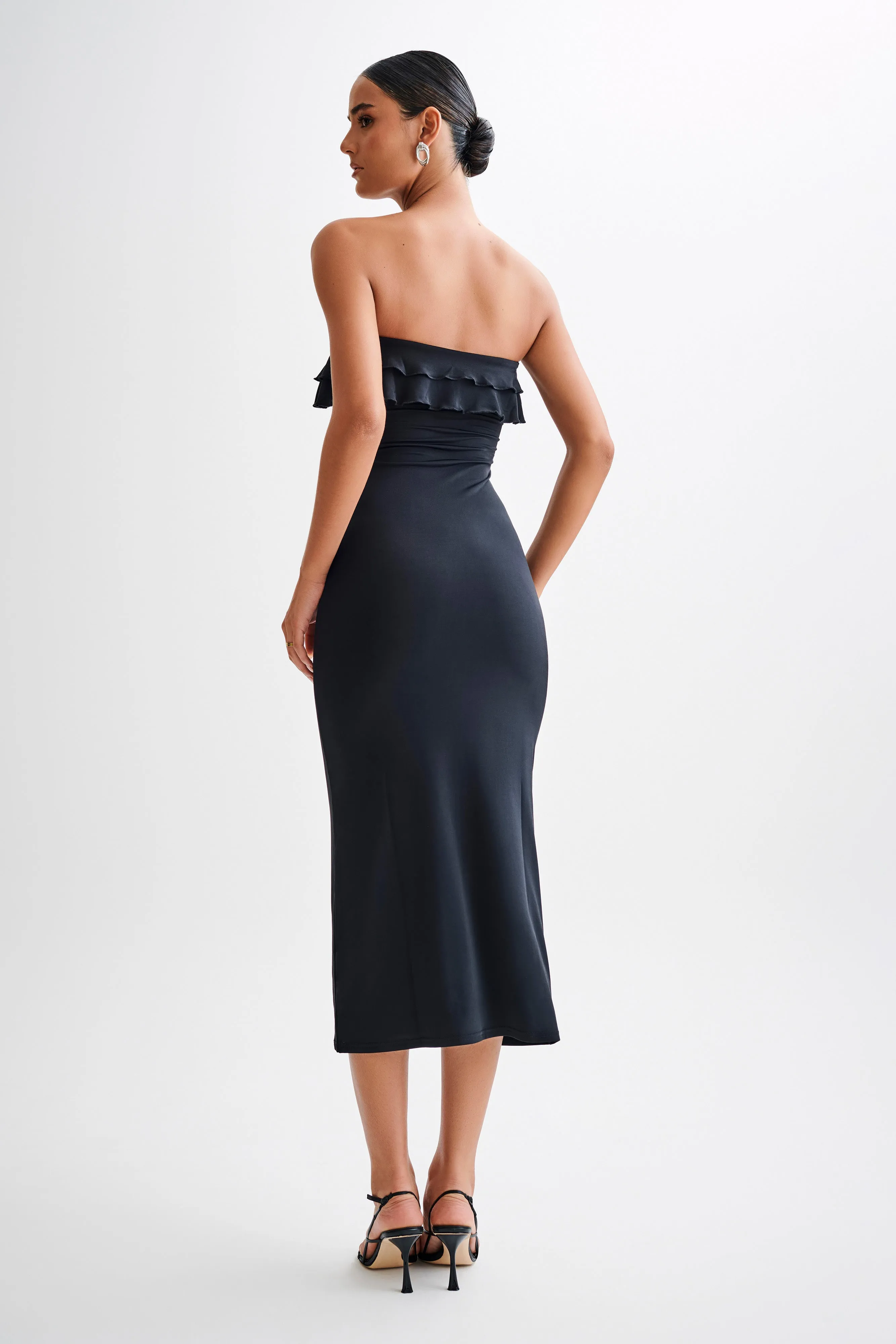 Bea Strapless Slinky Ruffle Midi Dress - Black Classic Appeal Peplum-Style