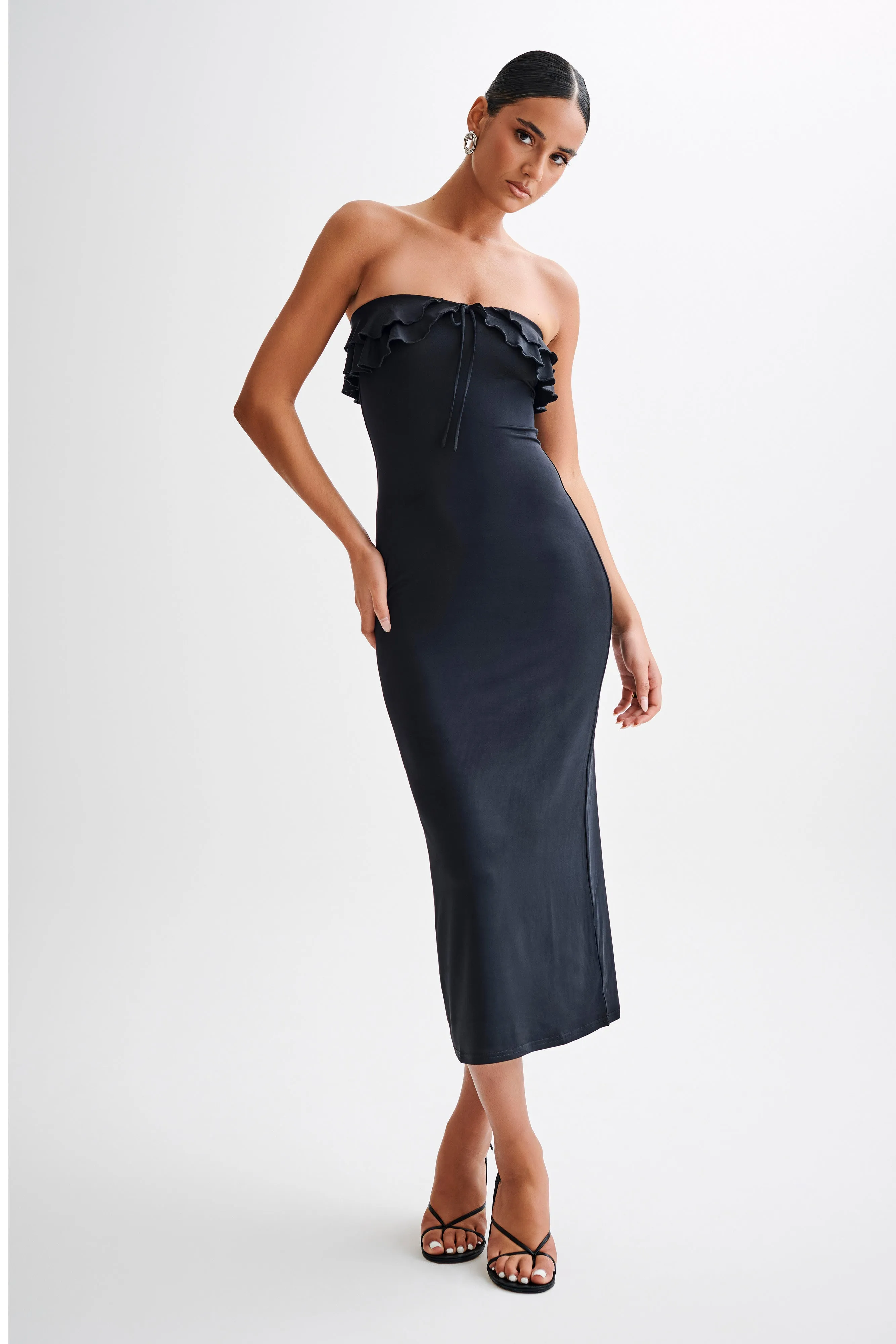 Bea Strapless Slinky Ruffle Midi Dress - Black Casual Style