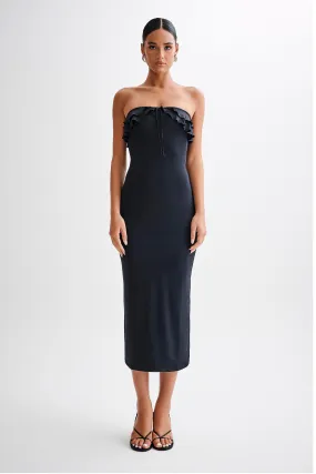 Versatile Style Wear Bea Strapless Slinky Ruffle Midi Dress - Black