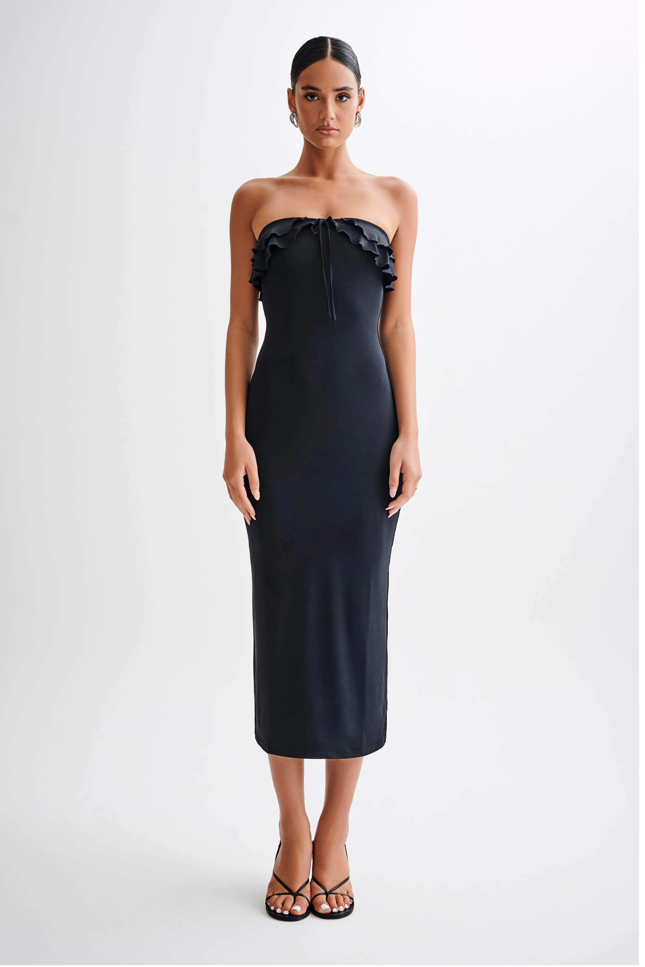 Versatile Style Wear Bea Strapless Slinky Ruffle Midi Dress - Black