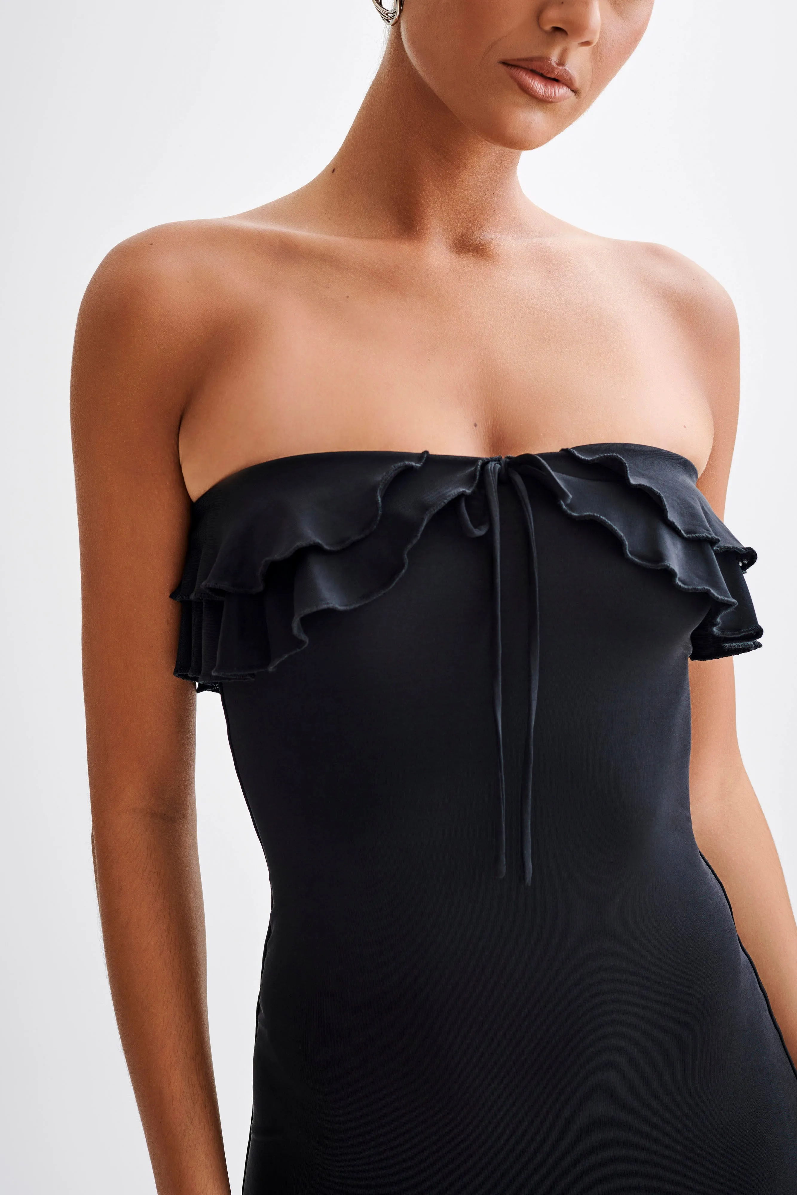 Bea Strapless Slinky Ruffle Midi Dress - Black Urban Cool