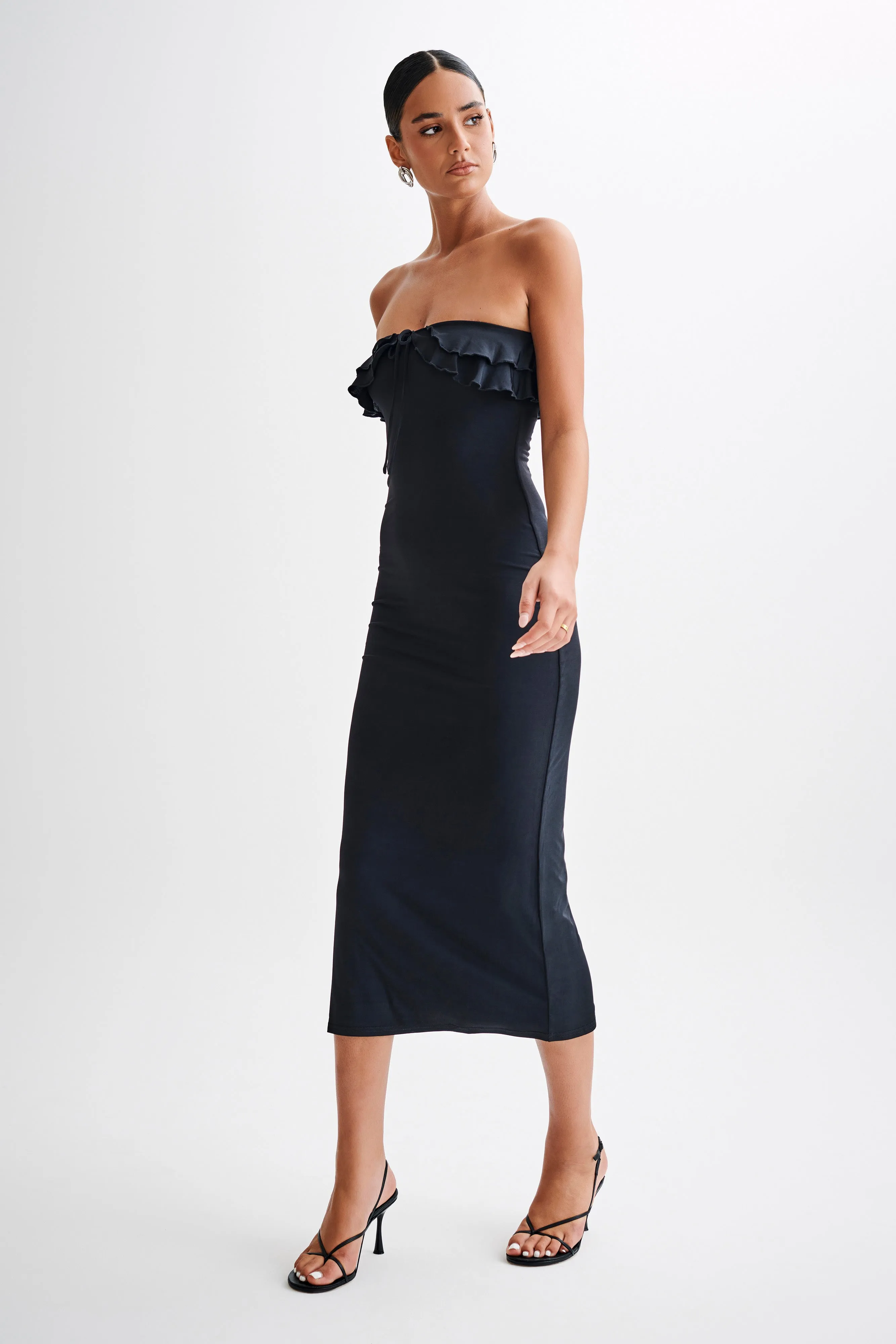 spring fresh Subtle Flex Bea Strapless Slinky Ruffle Midi Dress - Black