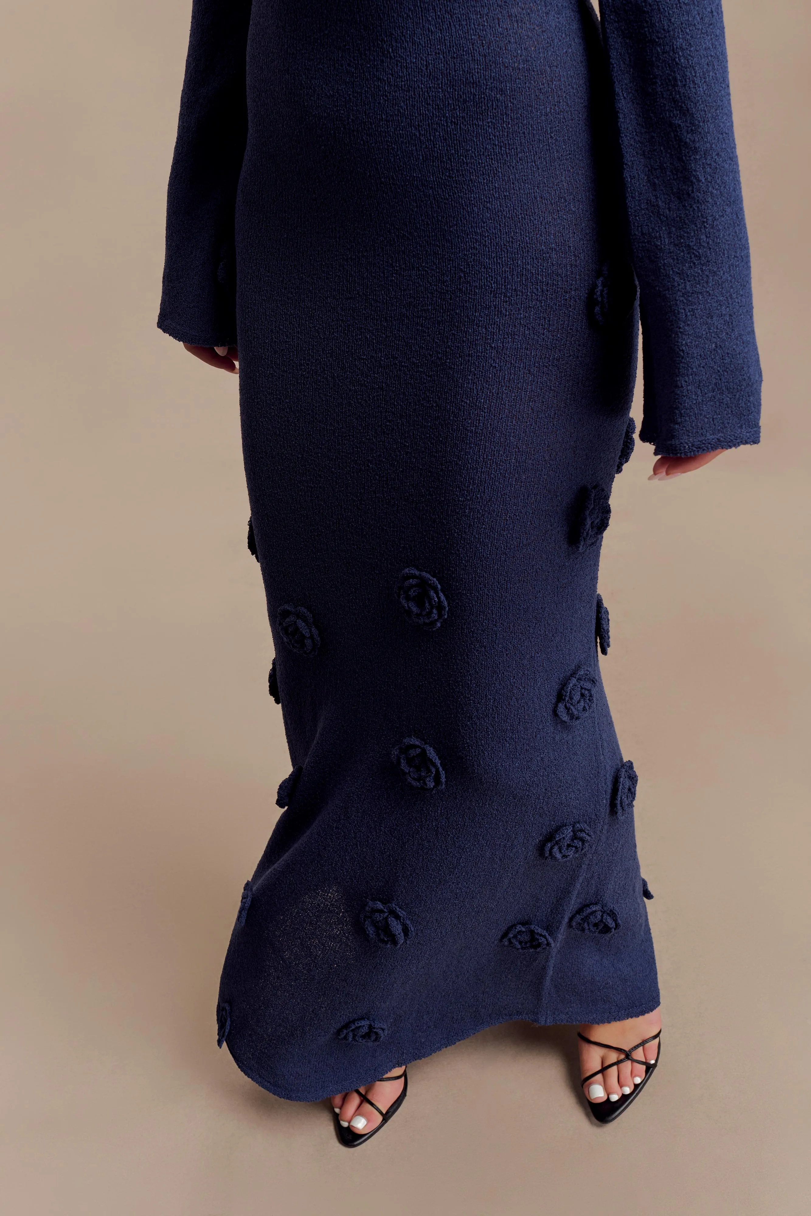Relax Cut Weekend Feel Kiki Off Shoulder Knit Rose Maxi Dress - Navy