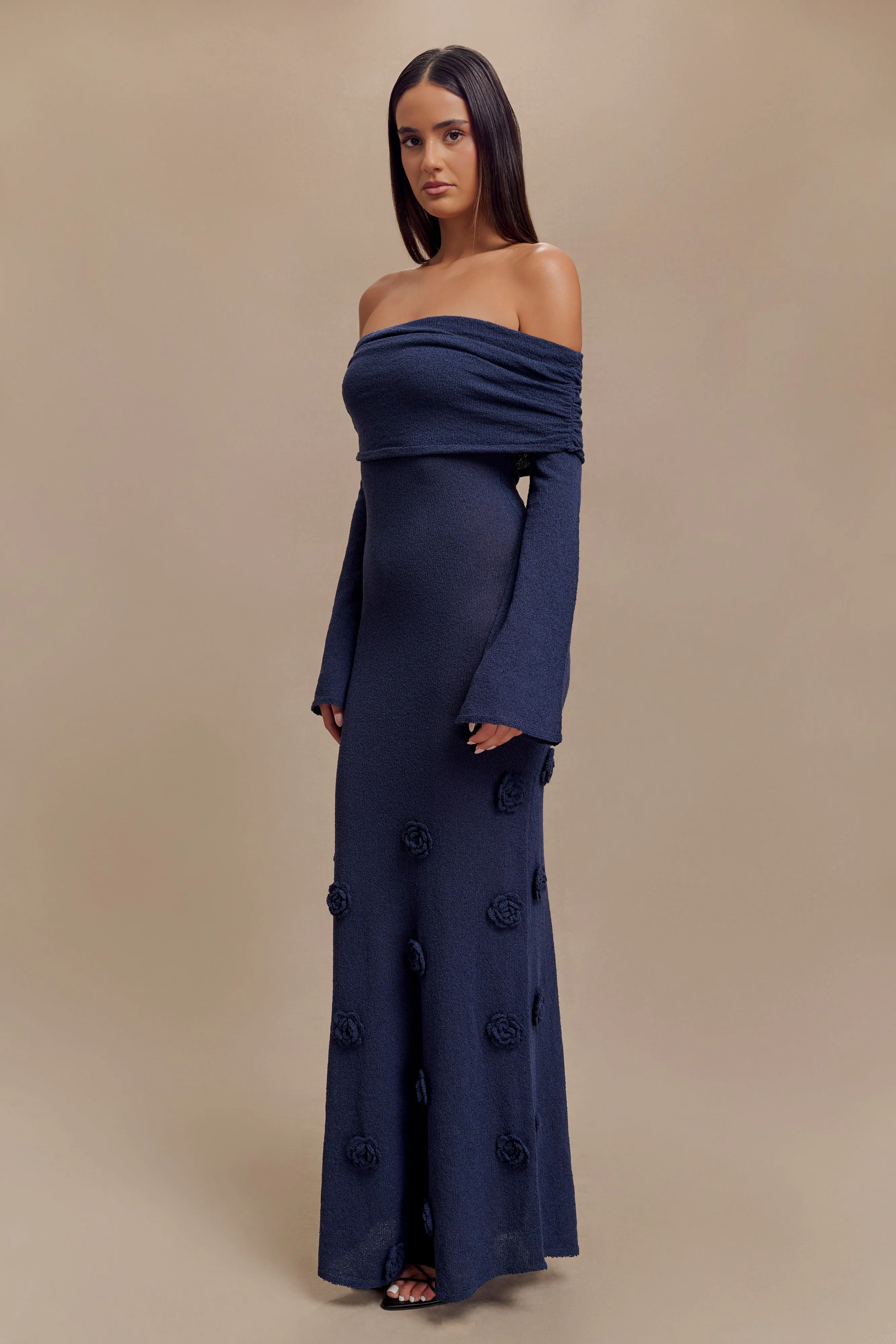 Kiki Off Shoulder Knit Rose Maxi Dress - Navy Polished Style