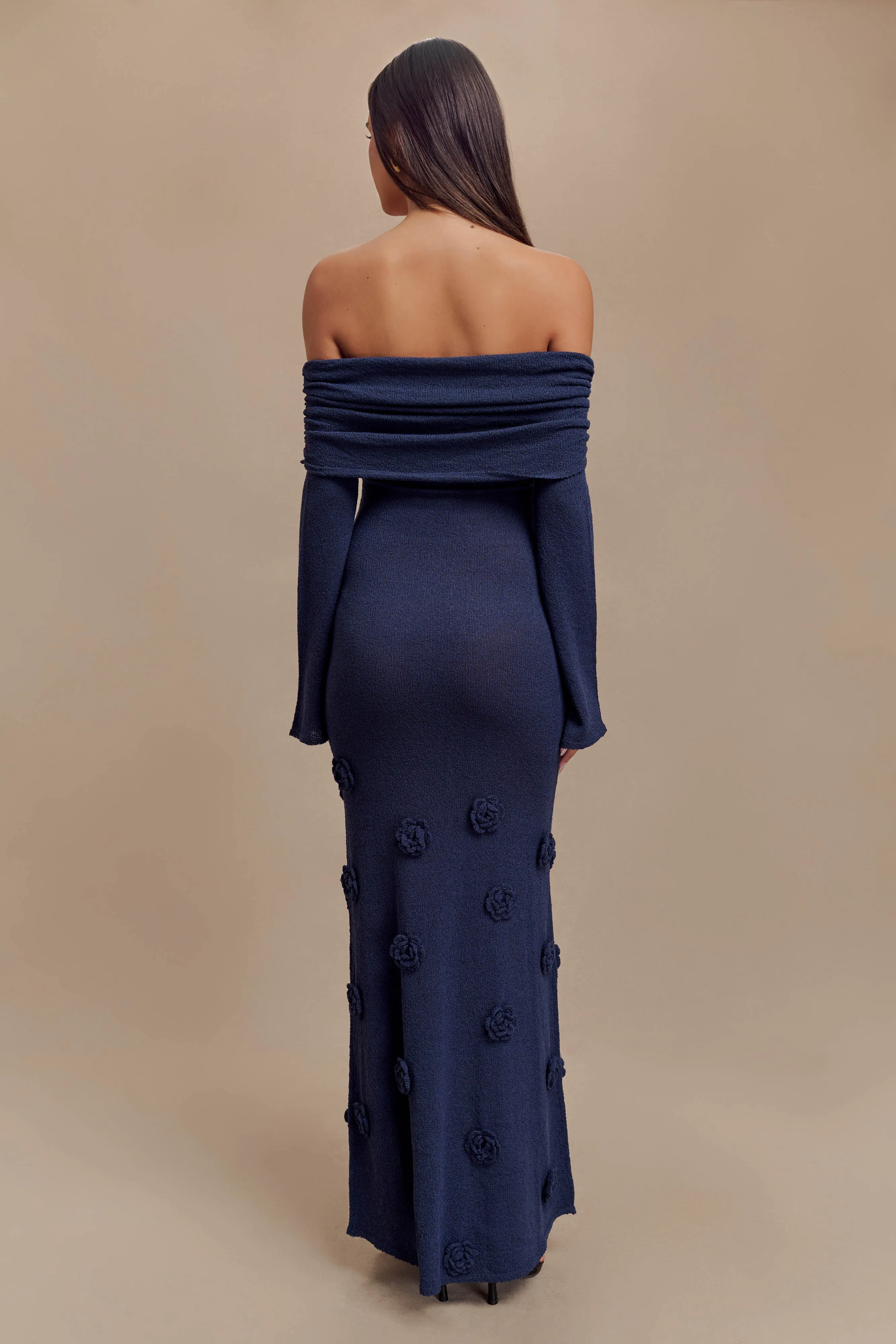 Kiki Off Shoulder Knit Rose Maxi Dress - Navy All Gender Invisible-Zip