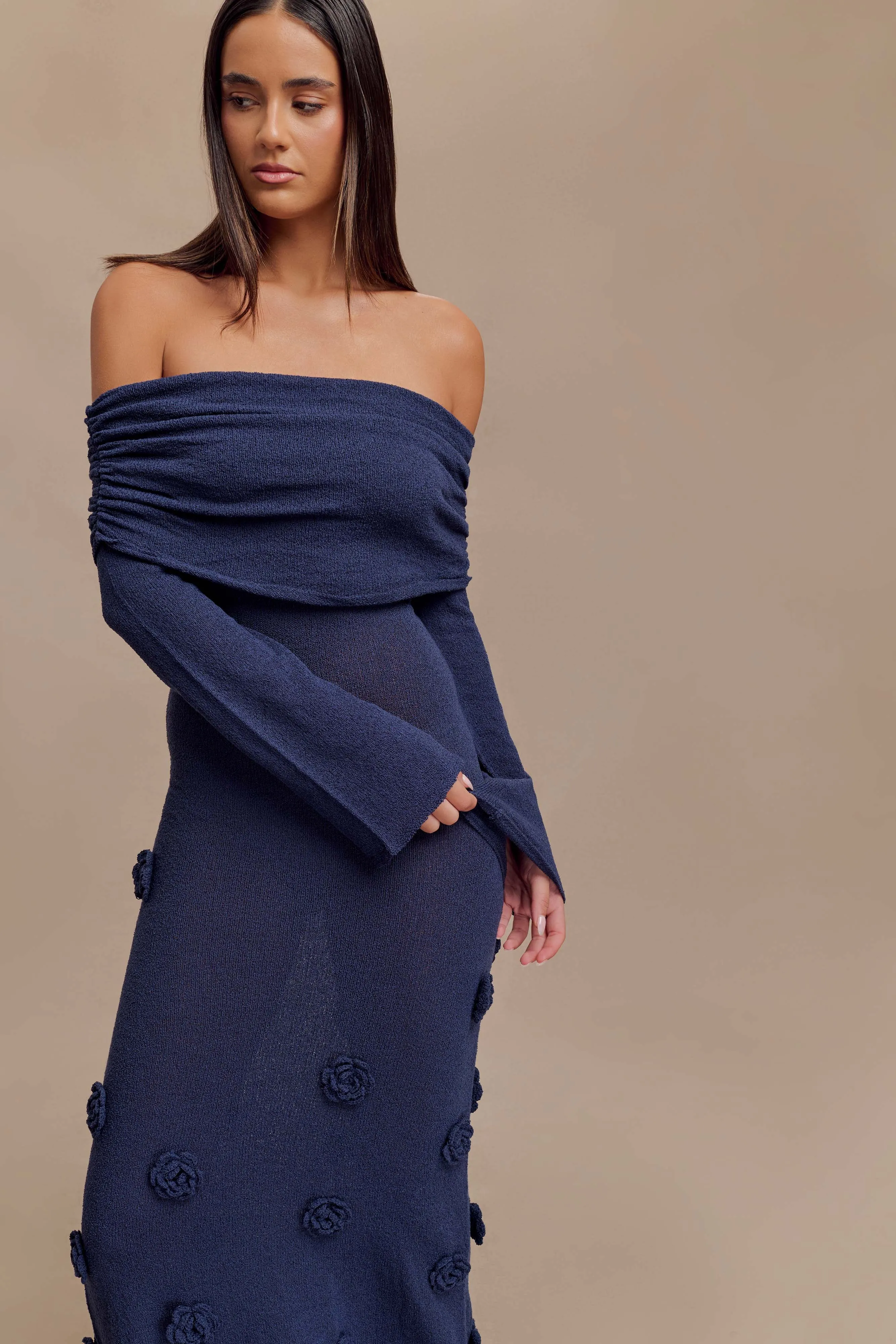 Artistic Flair Stylish Choice Kiki Off Shoulder Knit Rose Maxi Dress - Navy