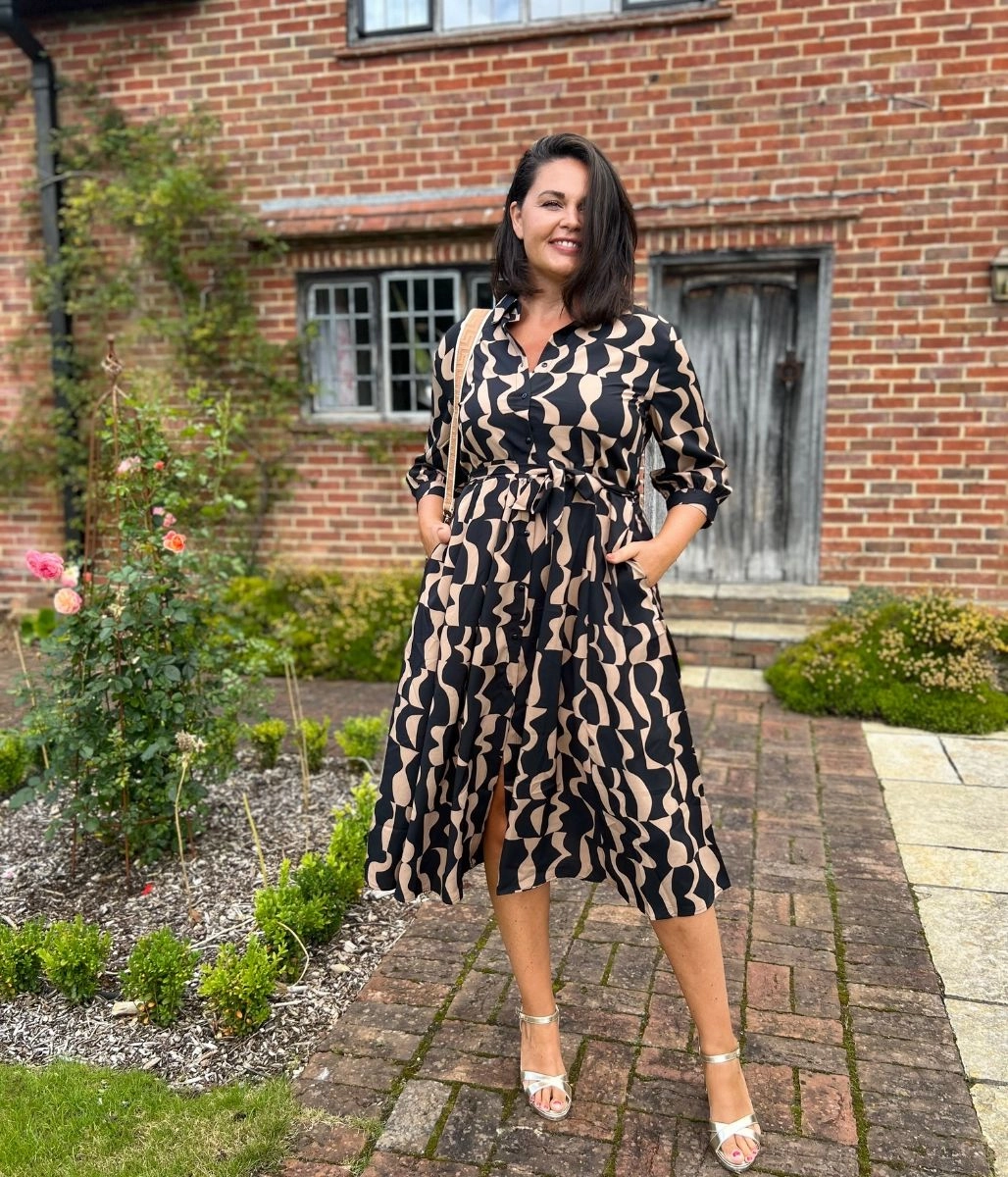 Brown Geo Print Midi Shirt Dress Simple yet sophisticated gown Geometric-pattern