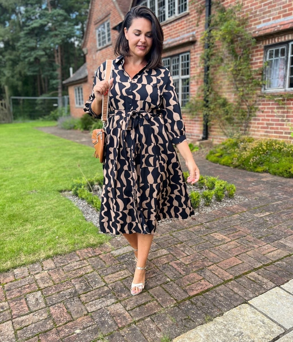 Brown Geo Print Midi Shirt Dress Versatile Edge Smart Fit Wear