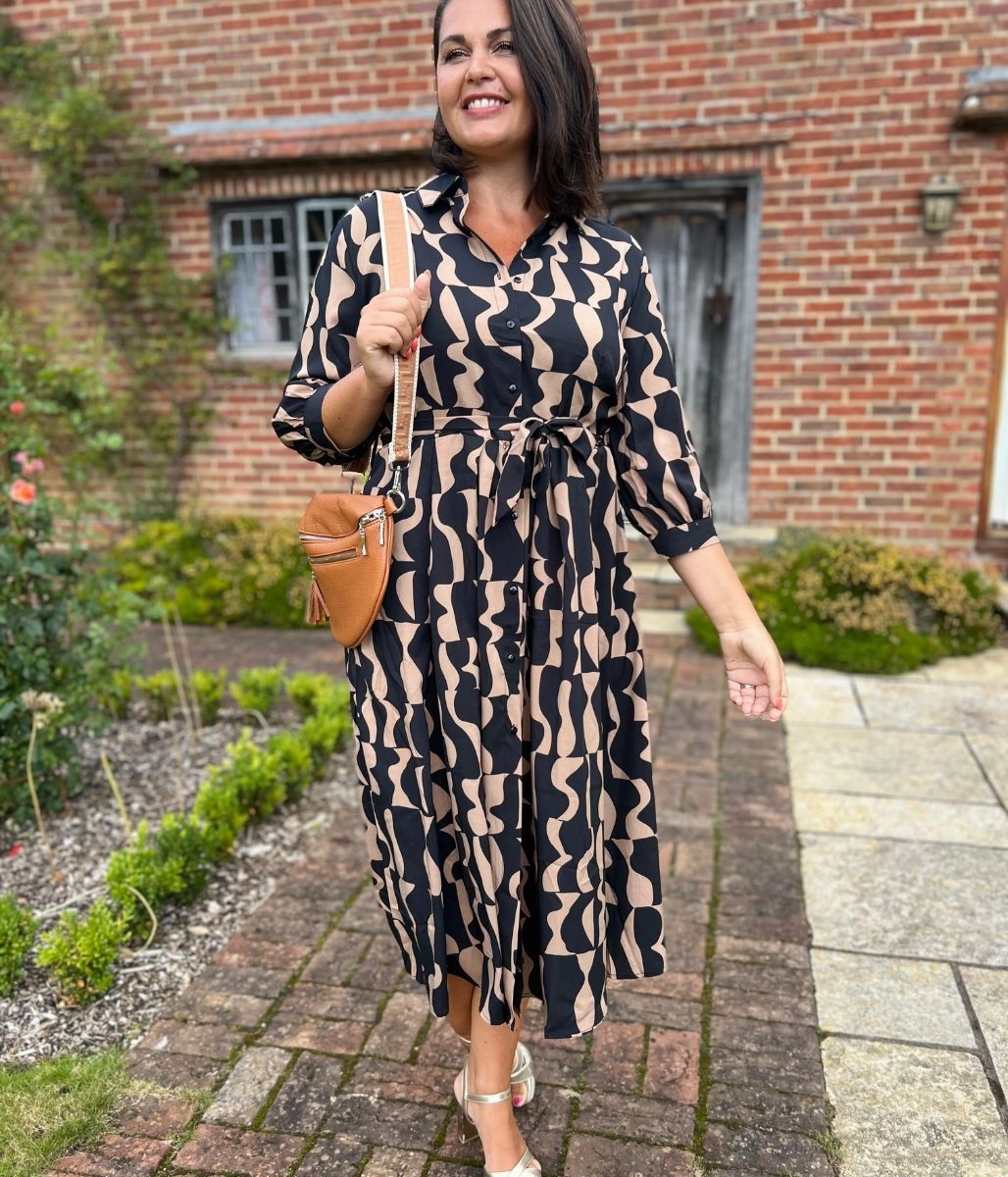 Brown Geo Print Midi Shirt Dress Layered-Look