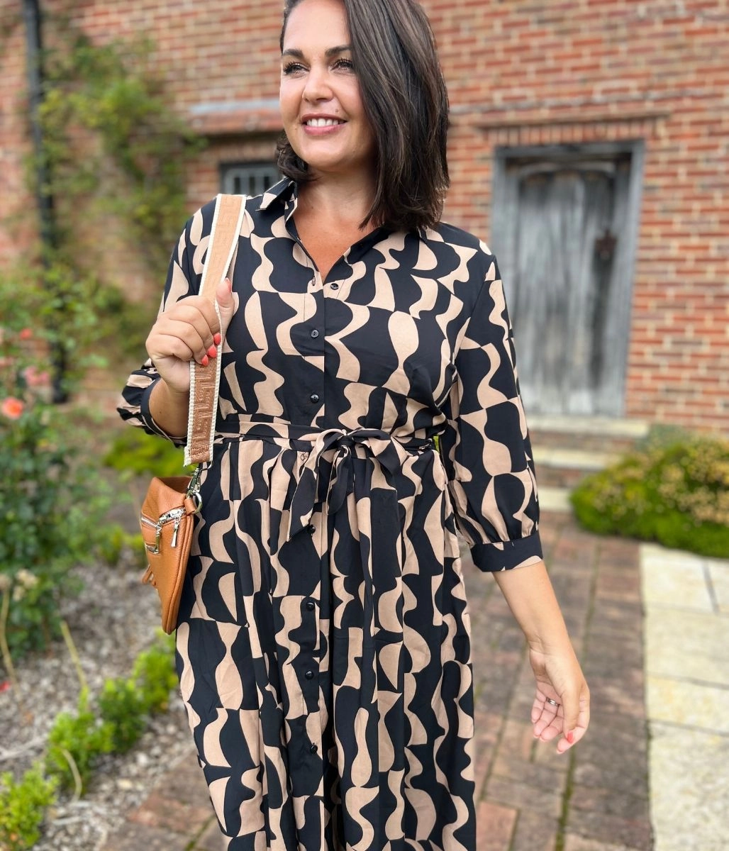 Deep Hue Night Appeal Brown Geo Print Midi Shirt Dress