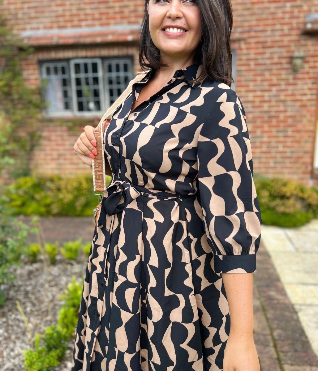 Brown Geo Print Midi Shirt Dress Clean Aesthetic