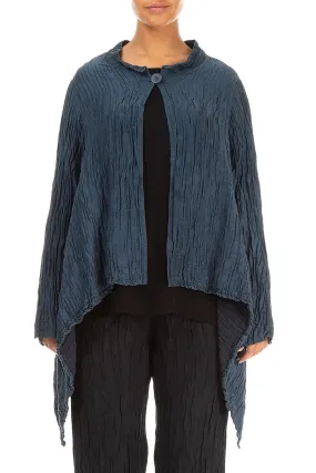 Single Button Crinkled Navy Silk Jacket Layered Collar