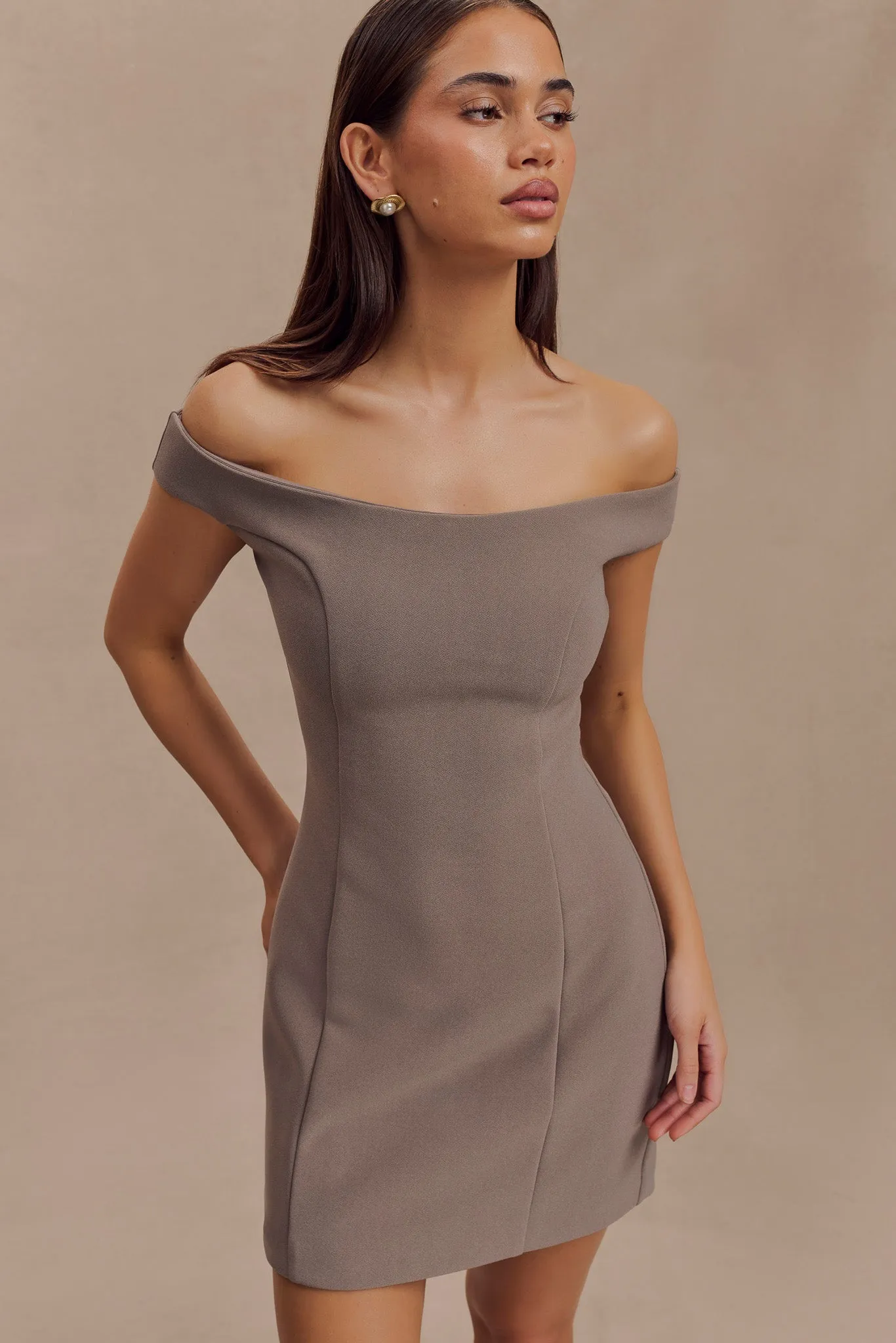 Cassidy Crepe Off Shoulder Mini Dress - Smoke Graceful Ease Tactile Feel