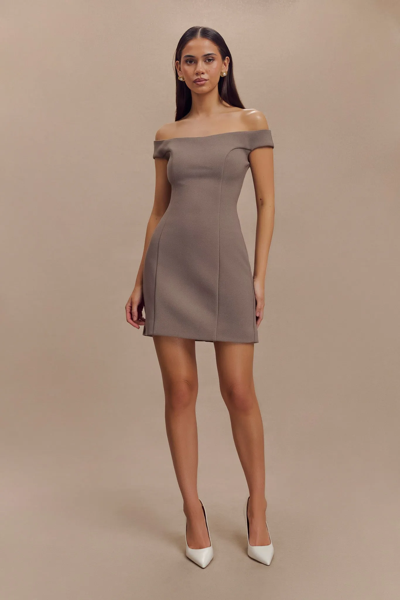 Radiant Mood spring fresh Cassidy Crepe Off Shoulder Mini Dress - Smoke