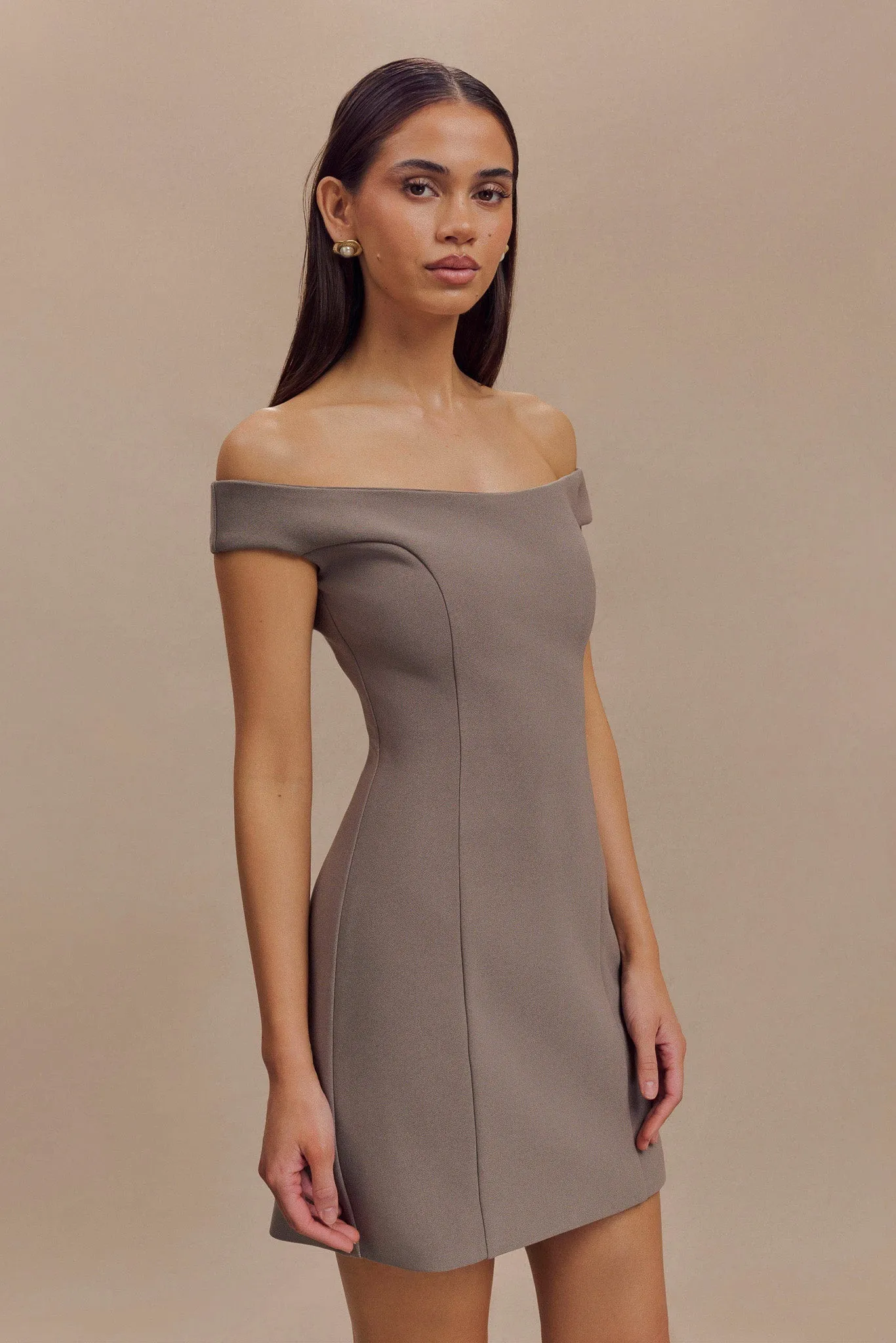 Cassidy Crepe Off Shoulder Mini Dress - Smoke Light and Breezy Daily Favorite