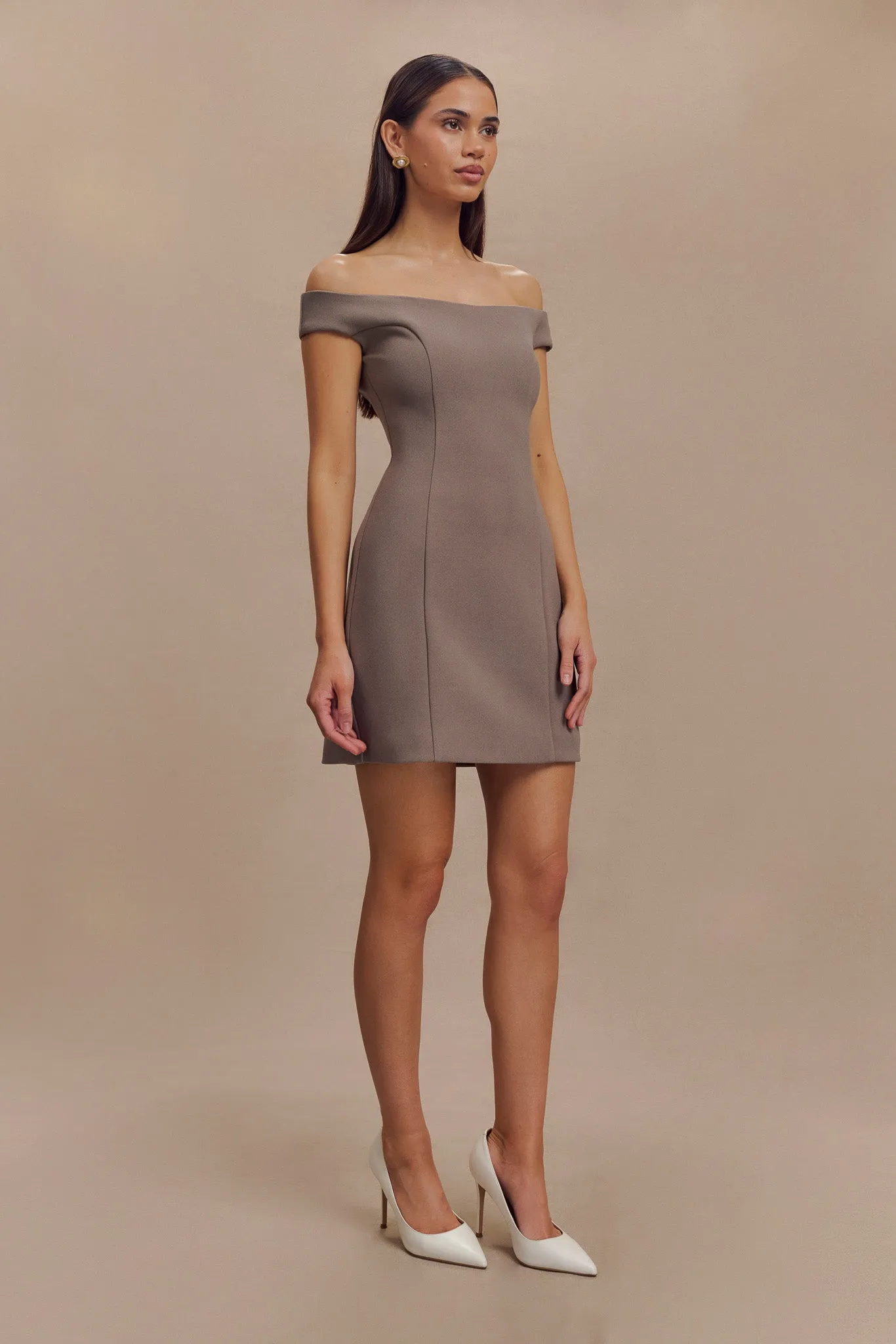 Cassidy Crepe Off Shoulder Mini Dress - Smoke Smart and Elegant Layer Base