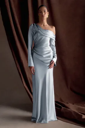 Pearl-Detail Iris Long Sleeve Satin Maxi Dress - Frosted Blue