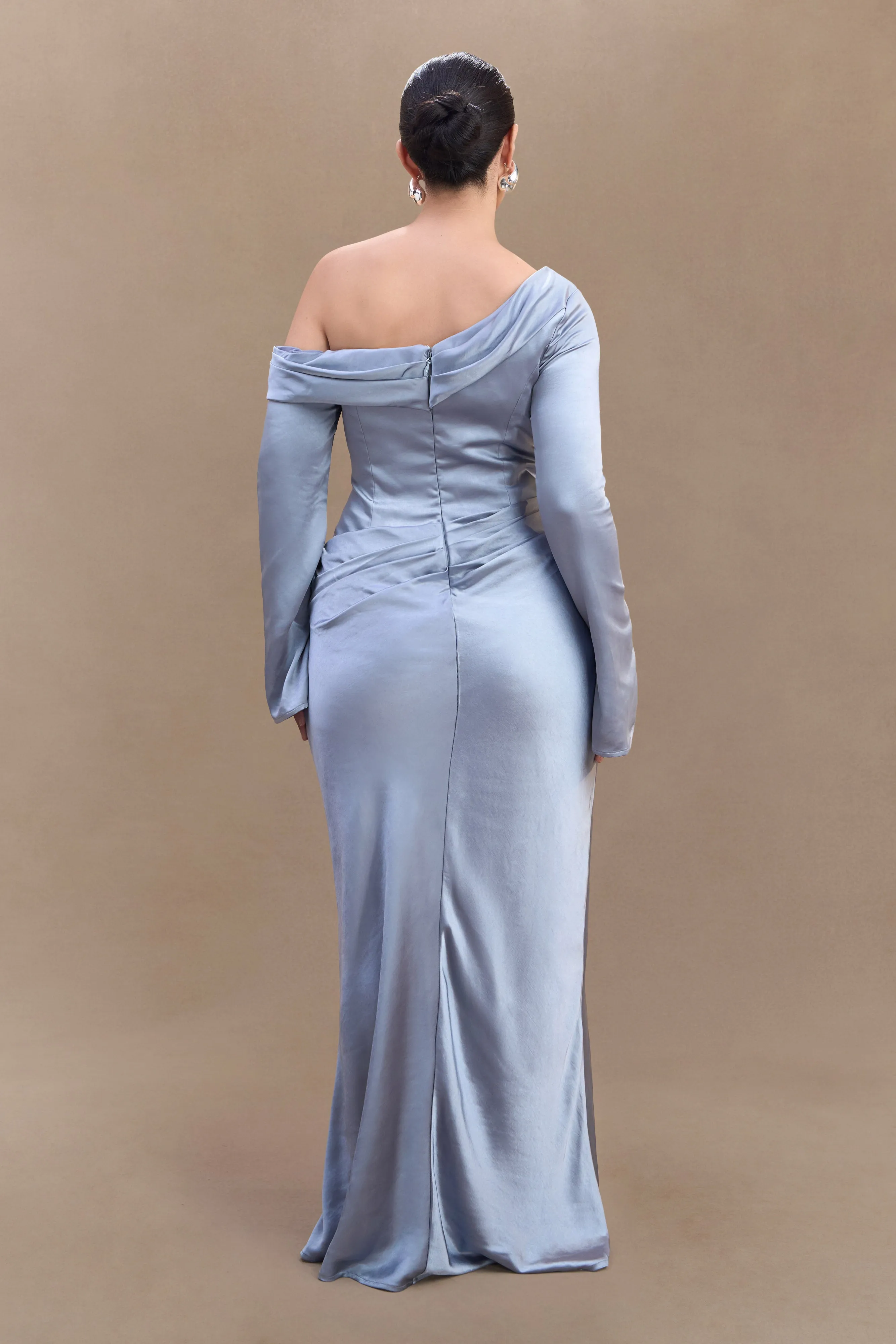 Tie-Detail Refined Finish Iris Long Sleeve Satin Maxi Dress - Frosted Blue