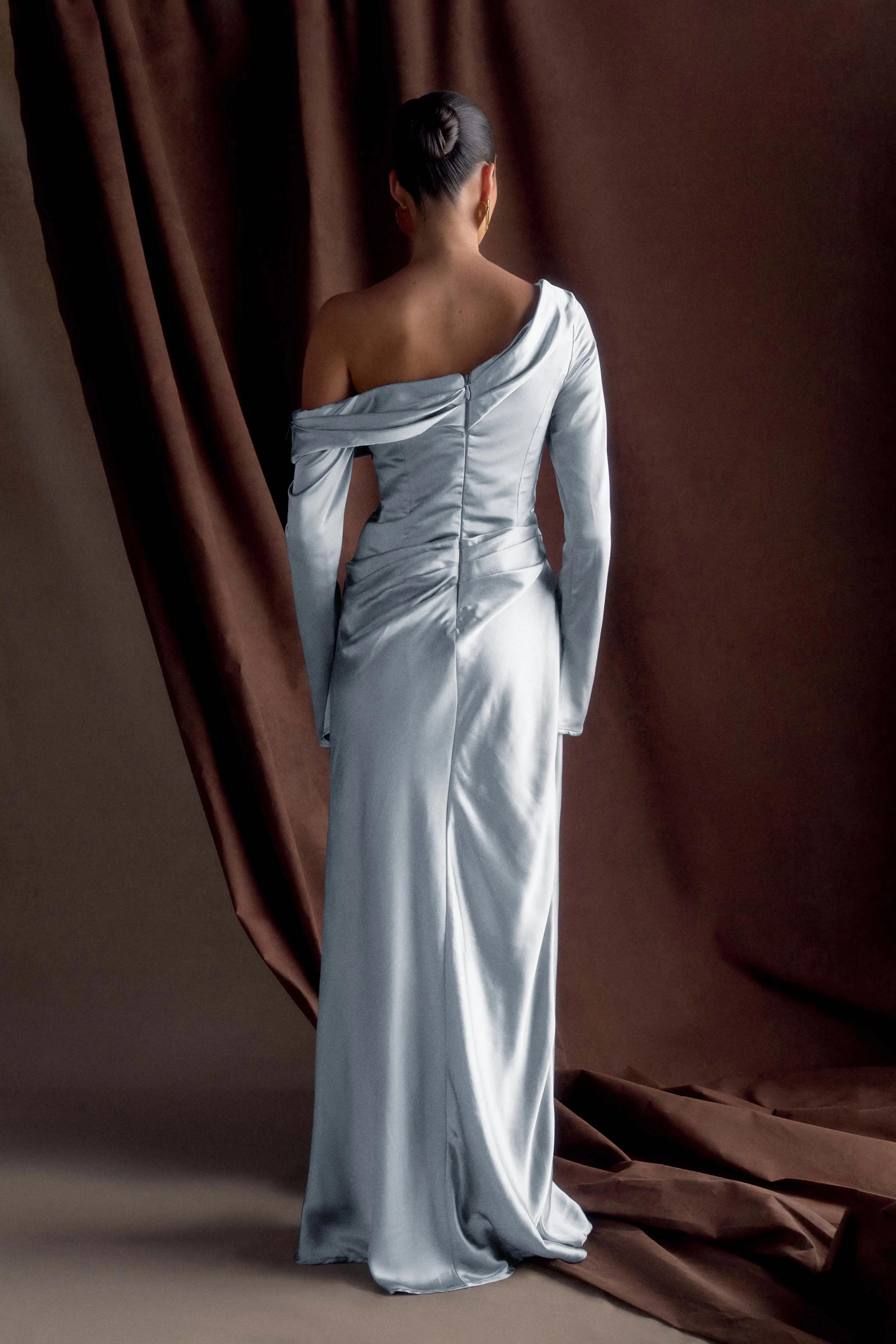 Go To Wear Iris Long Sleeve Satin Maxi Dress - Frosted Blue