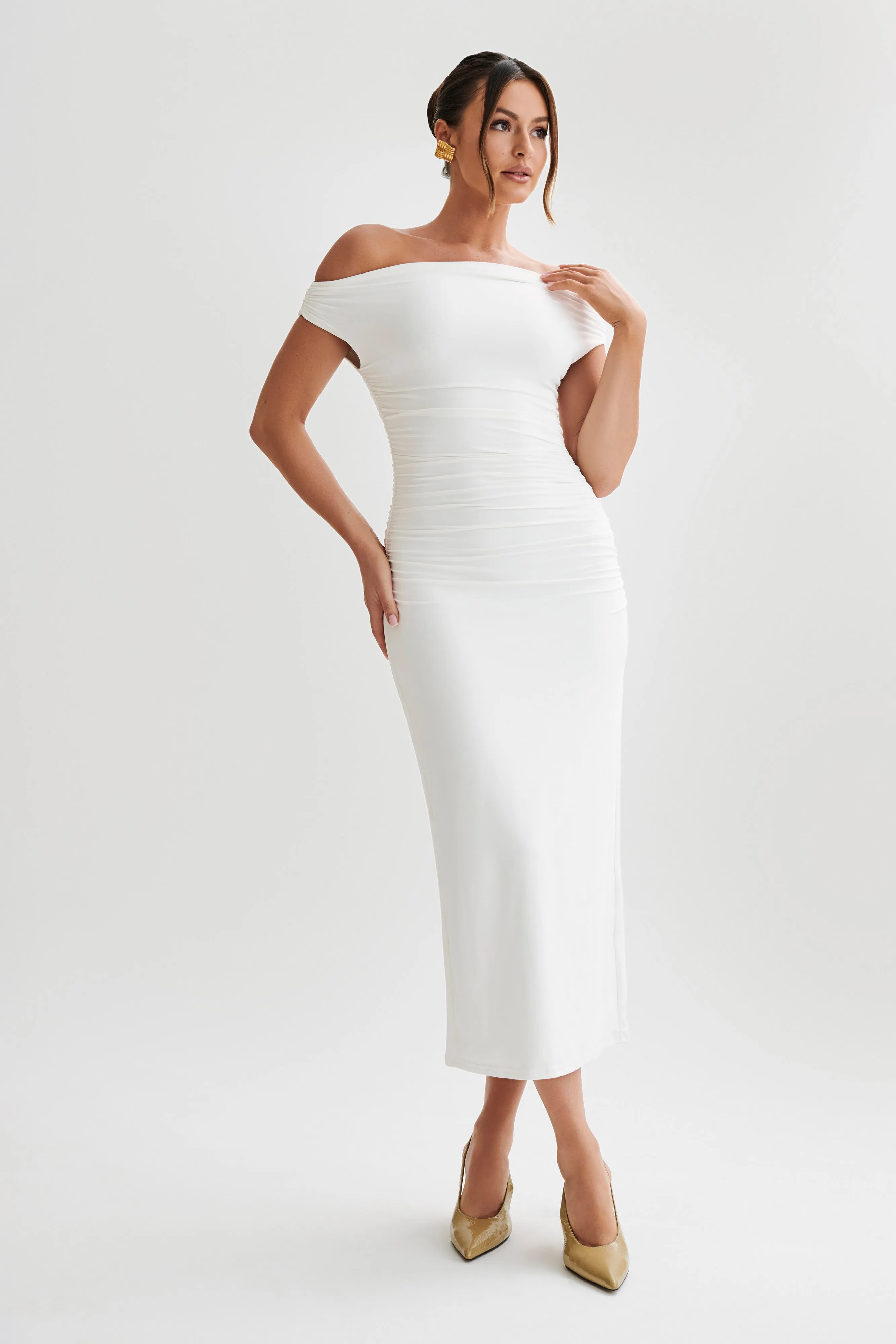 Alayna Recycled Nylon Midi Dress - White Mesh Soft Natural Drape