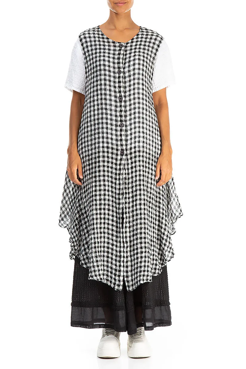 Sleeveless Black & White Check Gauze Linen Vest Heavyweight Fabric