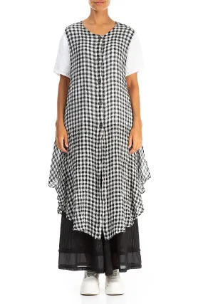 Sleeveless Black & White Check Gauze Linen Vest Heavyweight Fabric