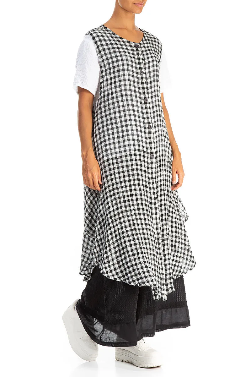 Sleeveless Black & White Check Gauze Linen Vest Secure Chest Pocket All Season Compatibility
