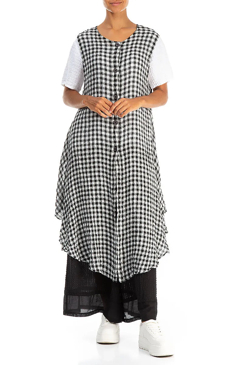 Sleeveless Black & White Check Gauze Linen Vest Zipper Closure Mechanism Packable Technology