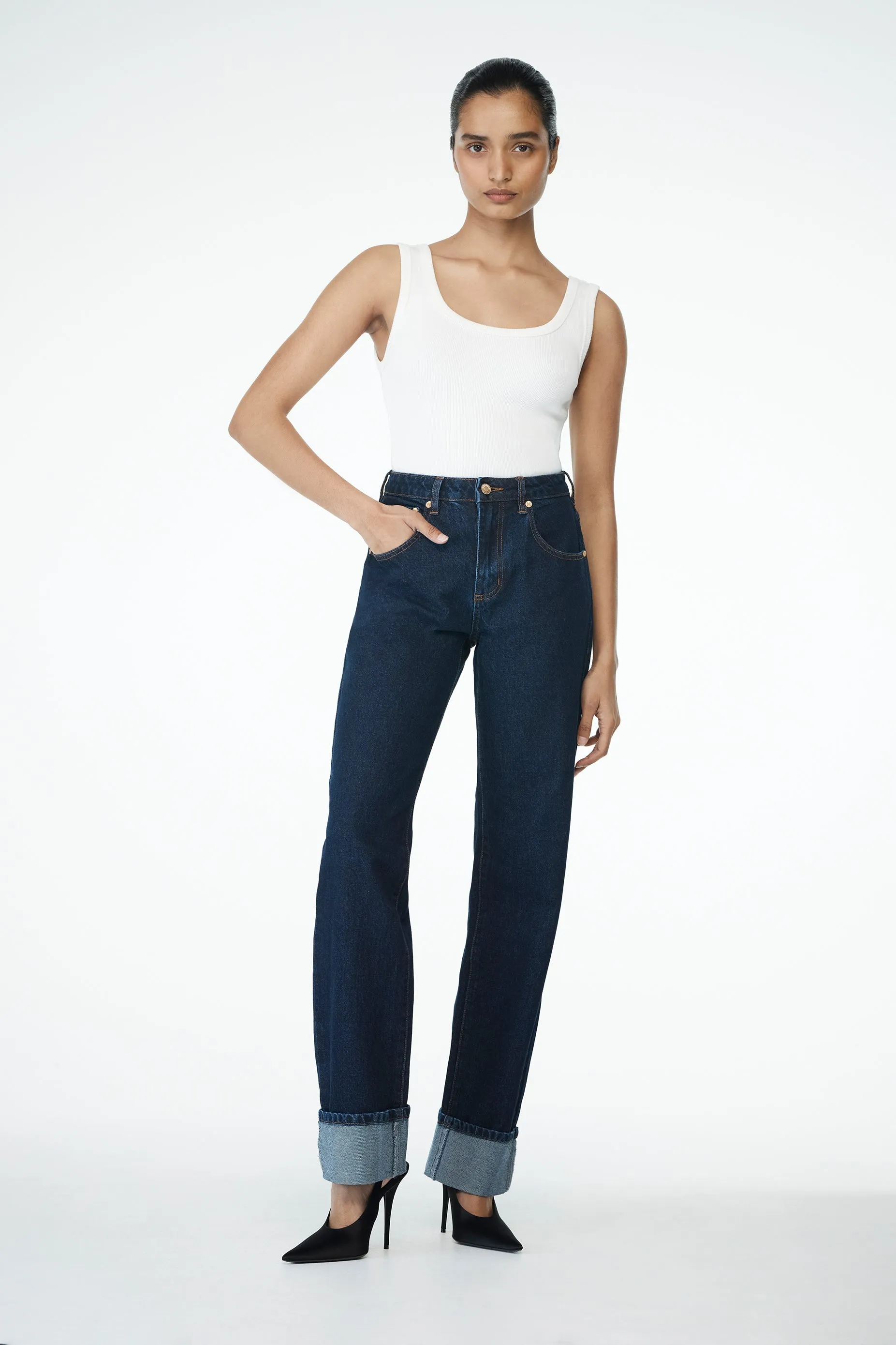 Non Restrictive Soft Texture Kirralee Straight Leg Cuffed Jeans - Indigo Blue