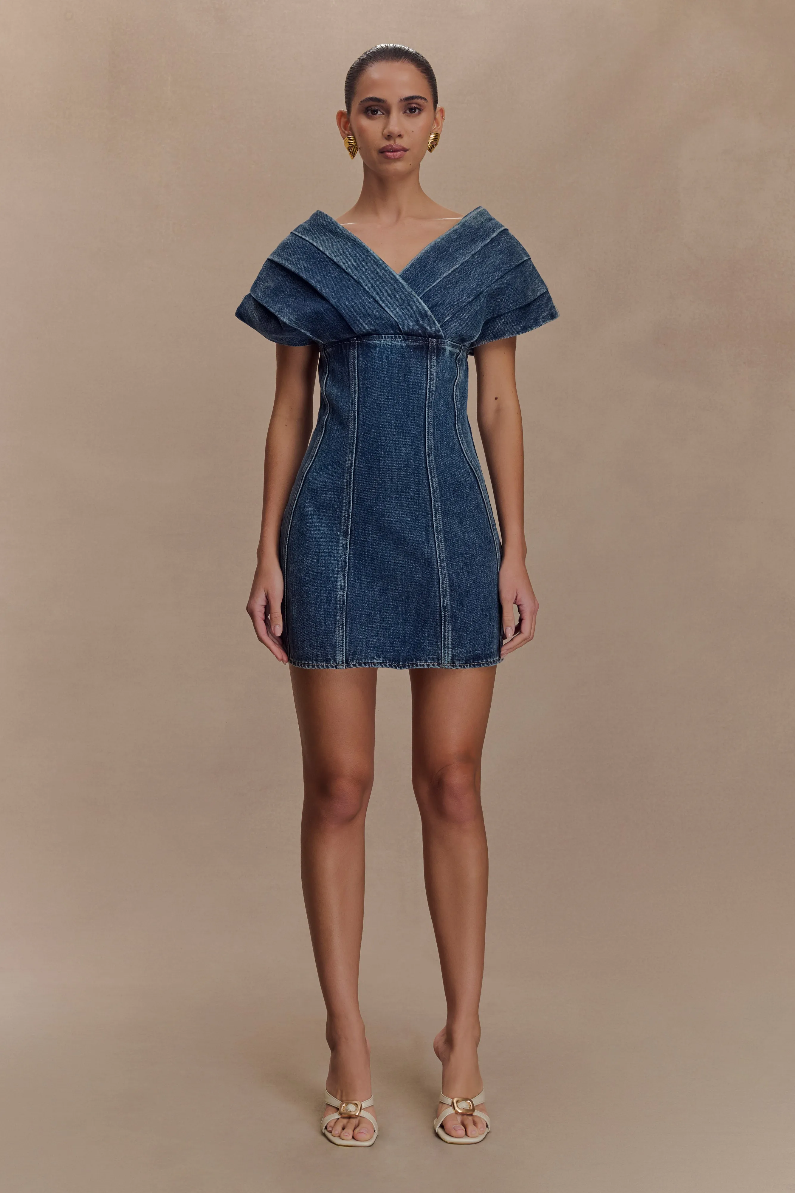 Pascale Off Shoulder Denim Mini Dress - Washed Dark Blue Wedding-Guest