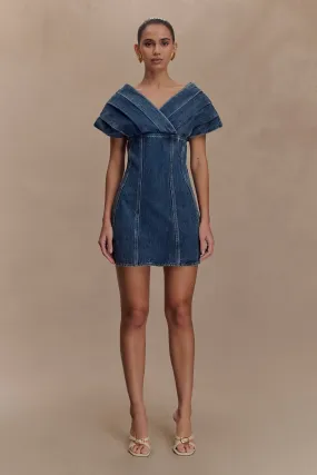 Pascale Off Shoulder Denim Mini Dress - Washed Dark Blue Wedding-Guest