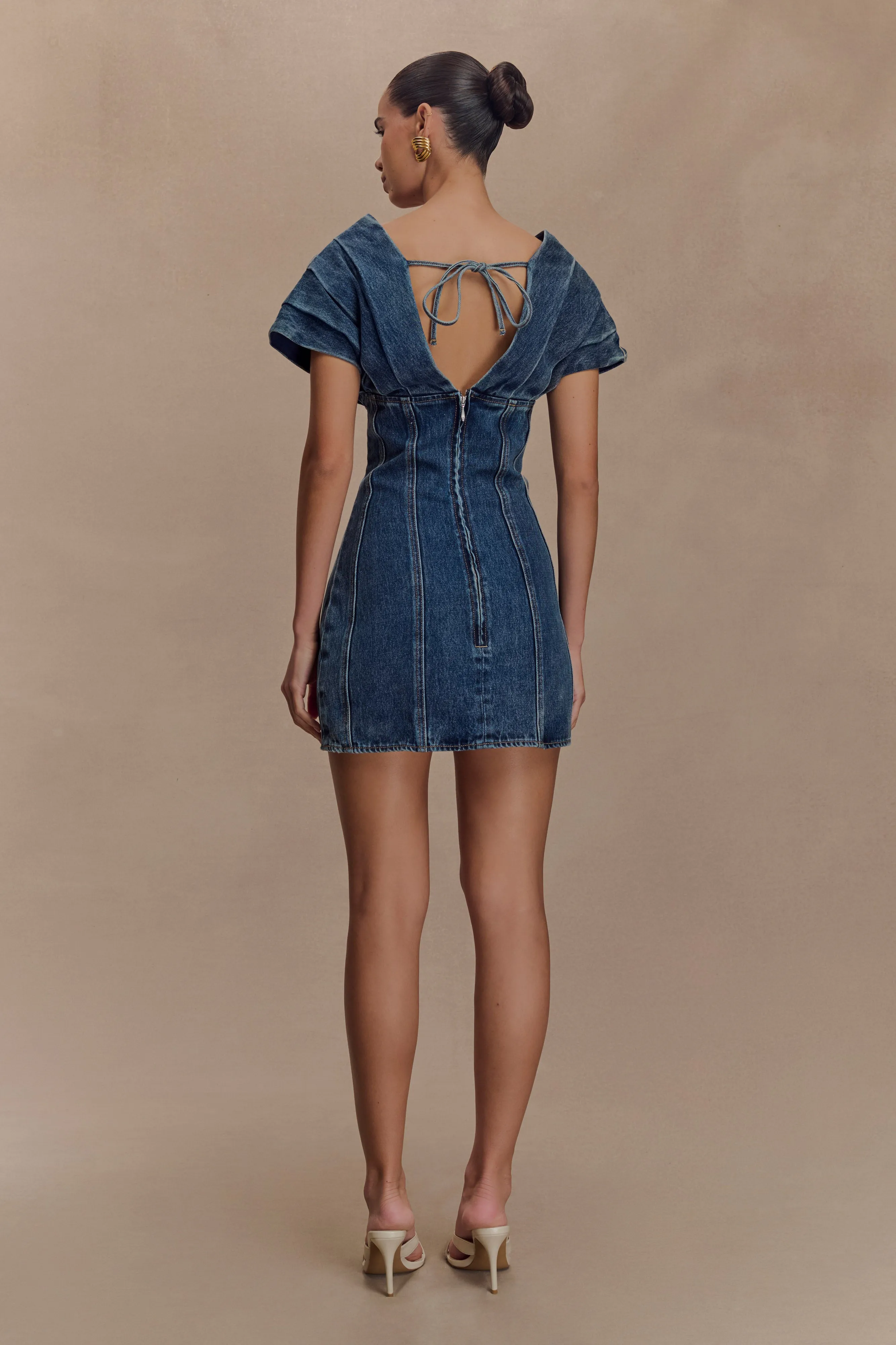 Pascale Off Shoulder Denim Mini Dress - Washed Dark Blue Saturated Hue Pure Fit
