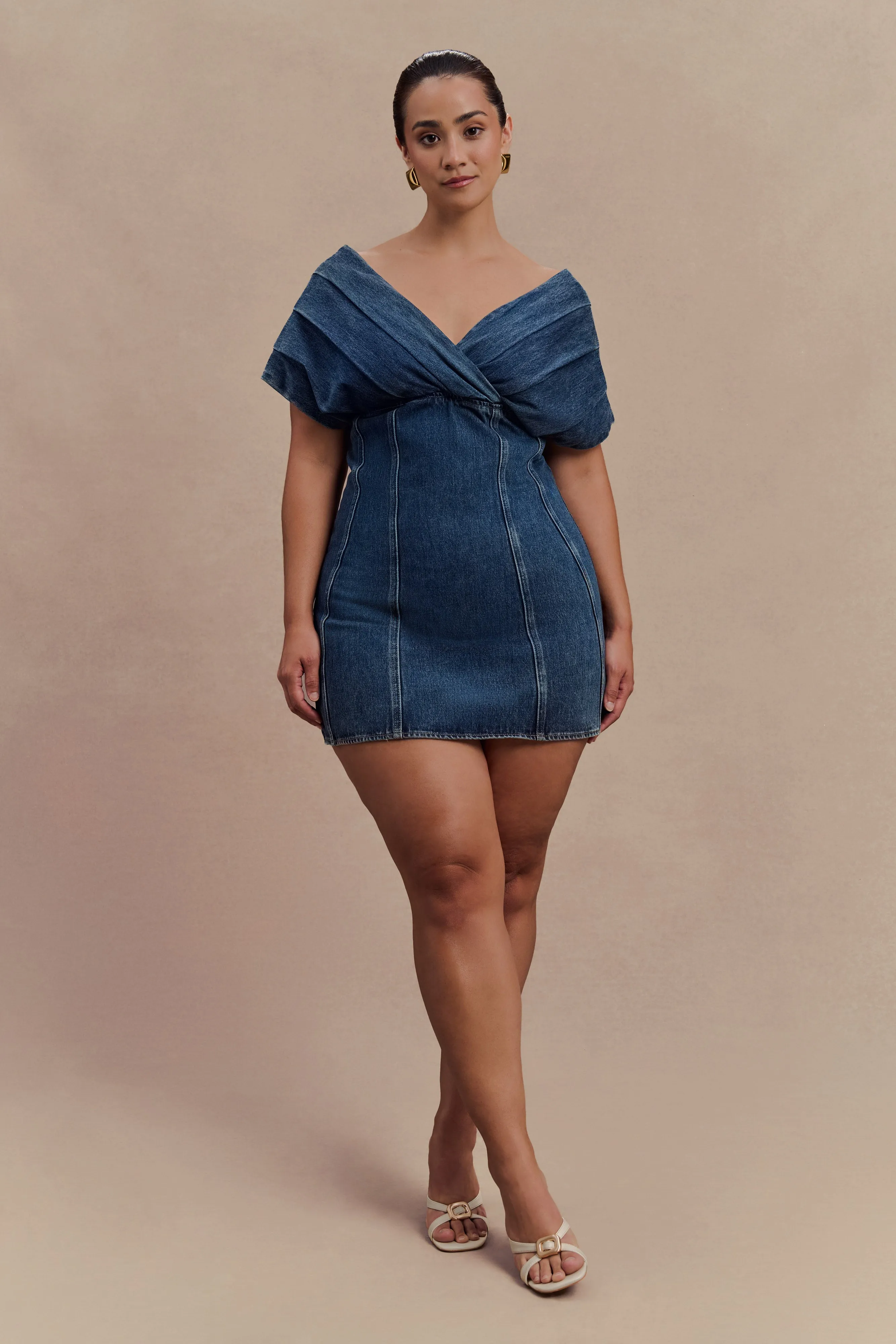 Pascale Off Shoulder Denim Mini Dress - Washed Dark Blue Polite Color Crisp Silhouette