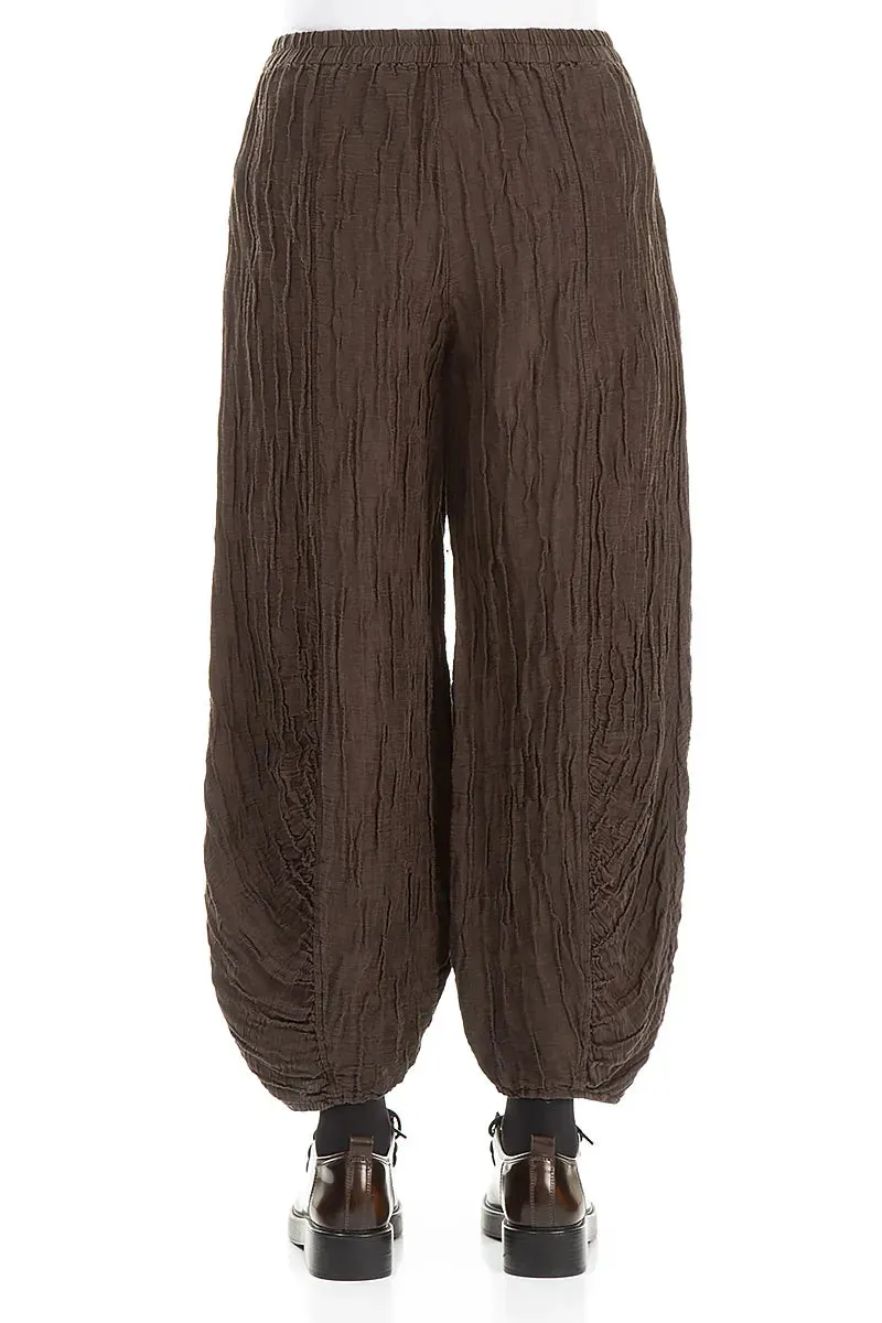 Ruched Hem Forest Brown Crinkled Silk Linen Trousers Stretch Fit