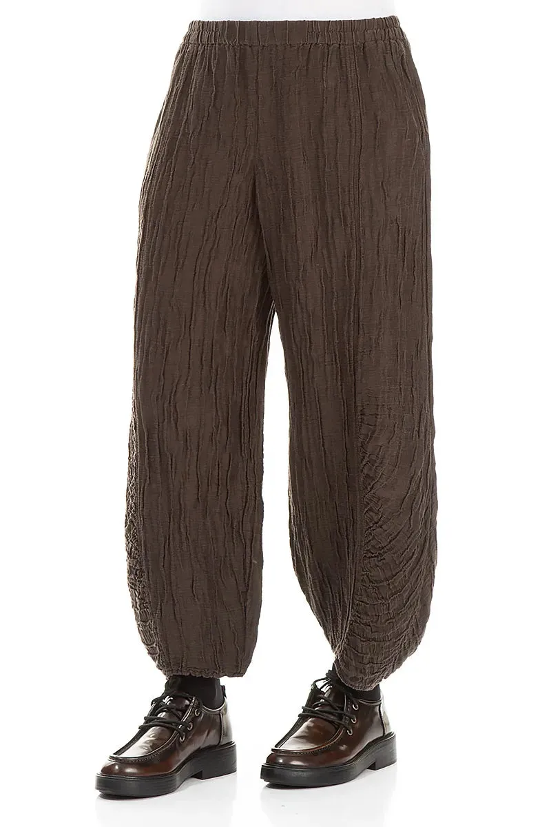 Ruched Hem Forest Brown Crinkled Silk Linen Trousers All Use Elastic Free Cuffs