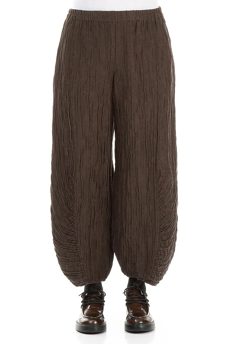 Ruched Hem Forest Brown Crinkled Silk Linen Trousers Everyday Ease All Season Fit
