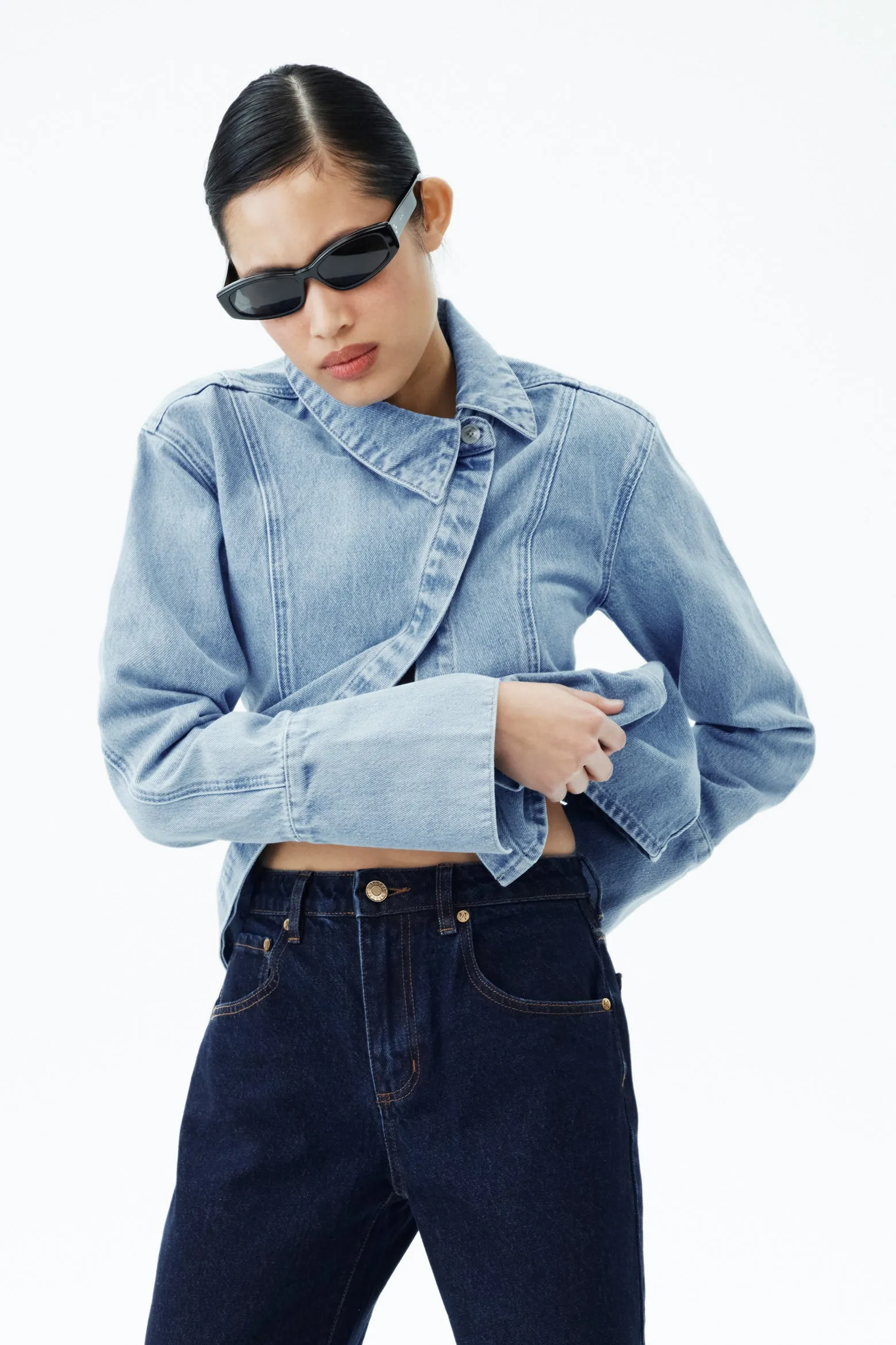 Bold Design Rolled Hem Detailing Jericho Asymmetrical Denim Shirt - Classic Blue