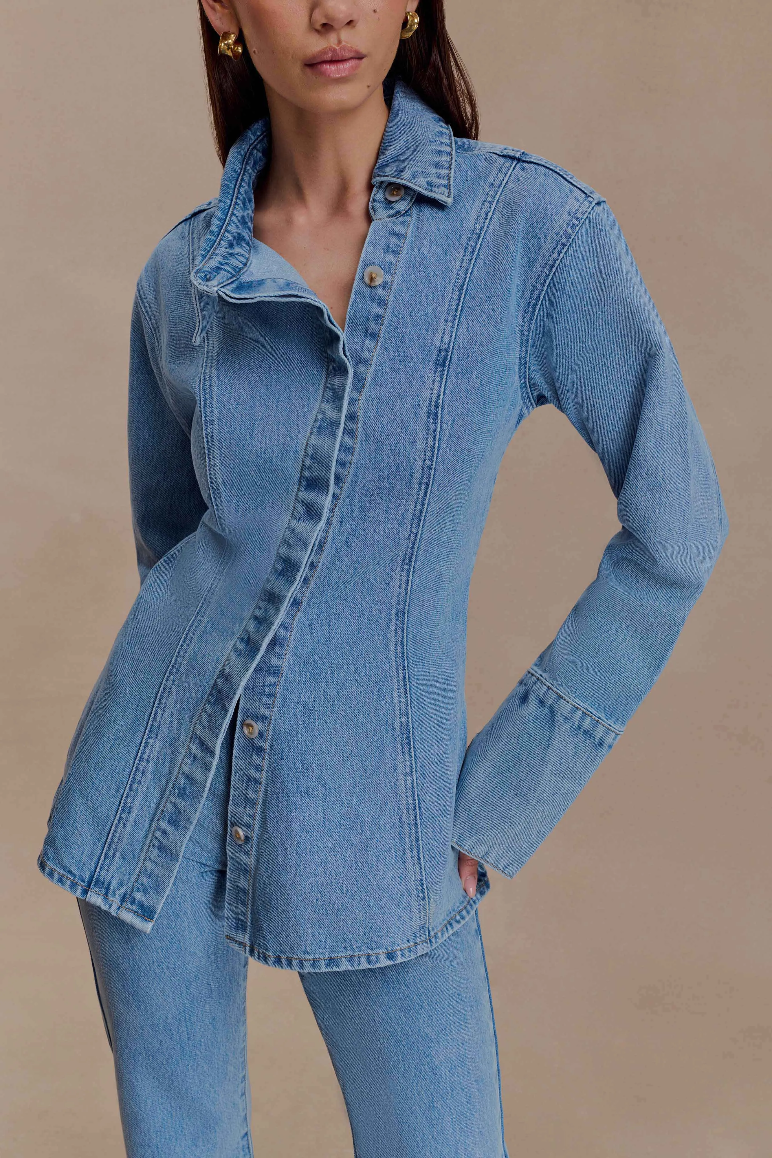 Jericho Asymmetrical Denim Shirt - Classic Blue Casual dress Wrinkle resistant fabric