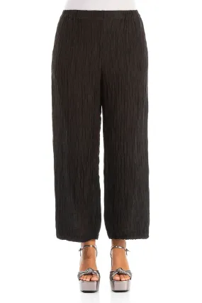 All Fit Multipurpose Design Cropped Straight Crinkled Black Silk Trousers