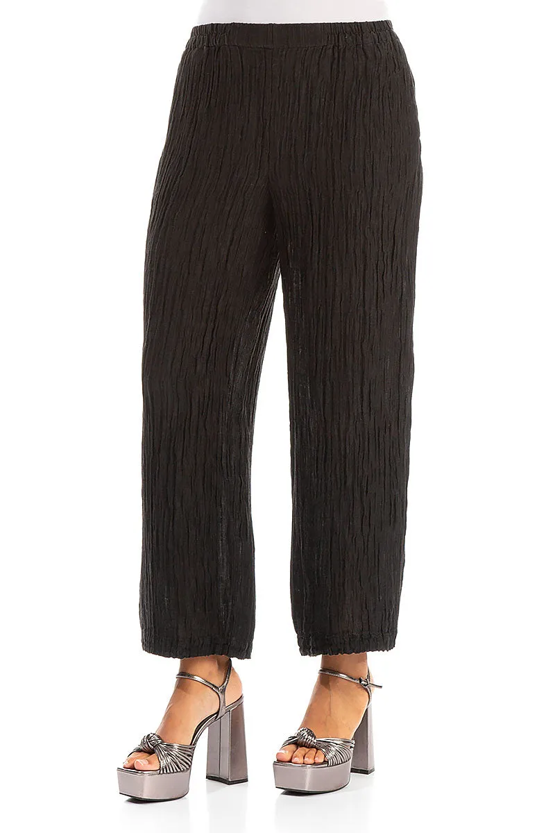 Performance Fit Cropped Straight Crinkled Black Silk Trousers