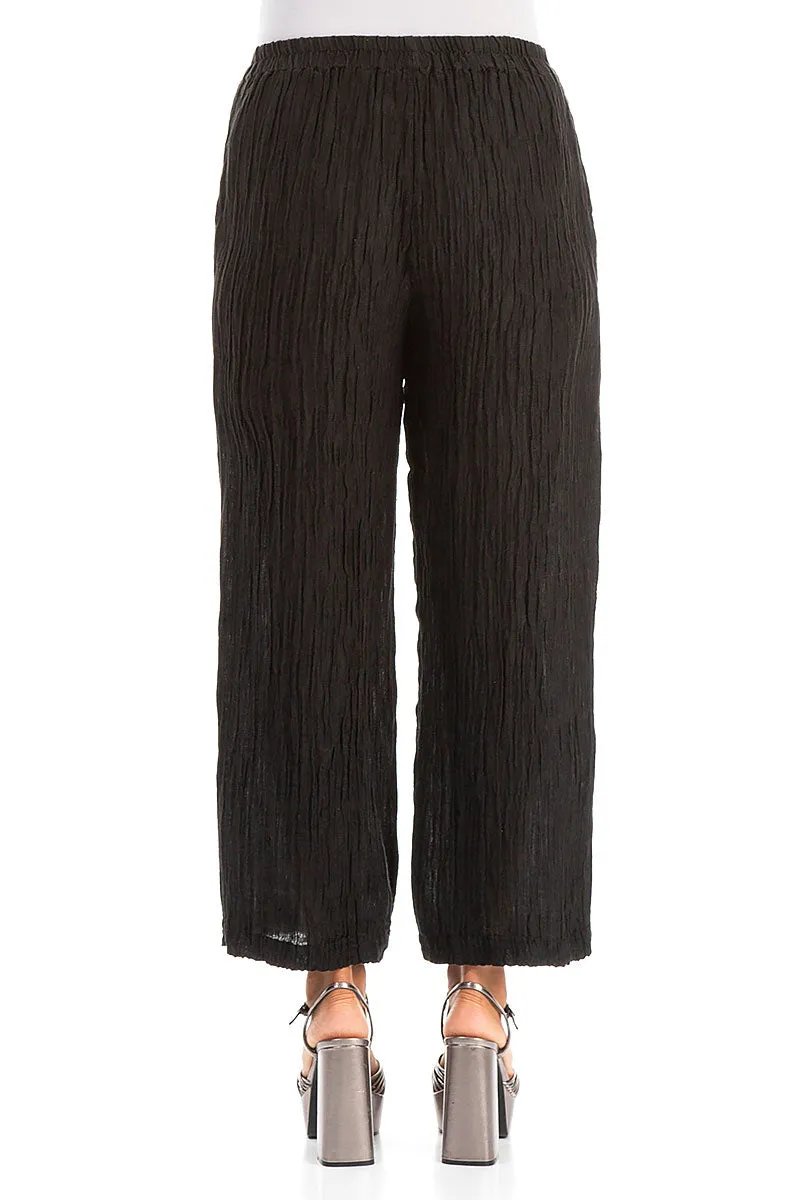 Cropped Straight Crinkled Black Silk Trousers Functional Design Comfortable Stretch