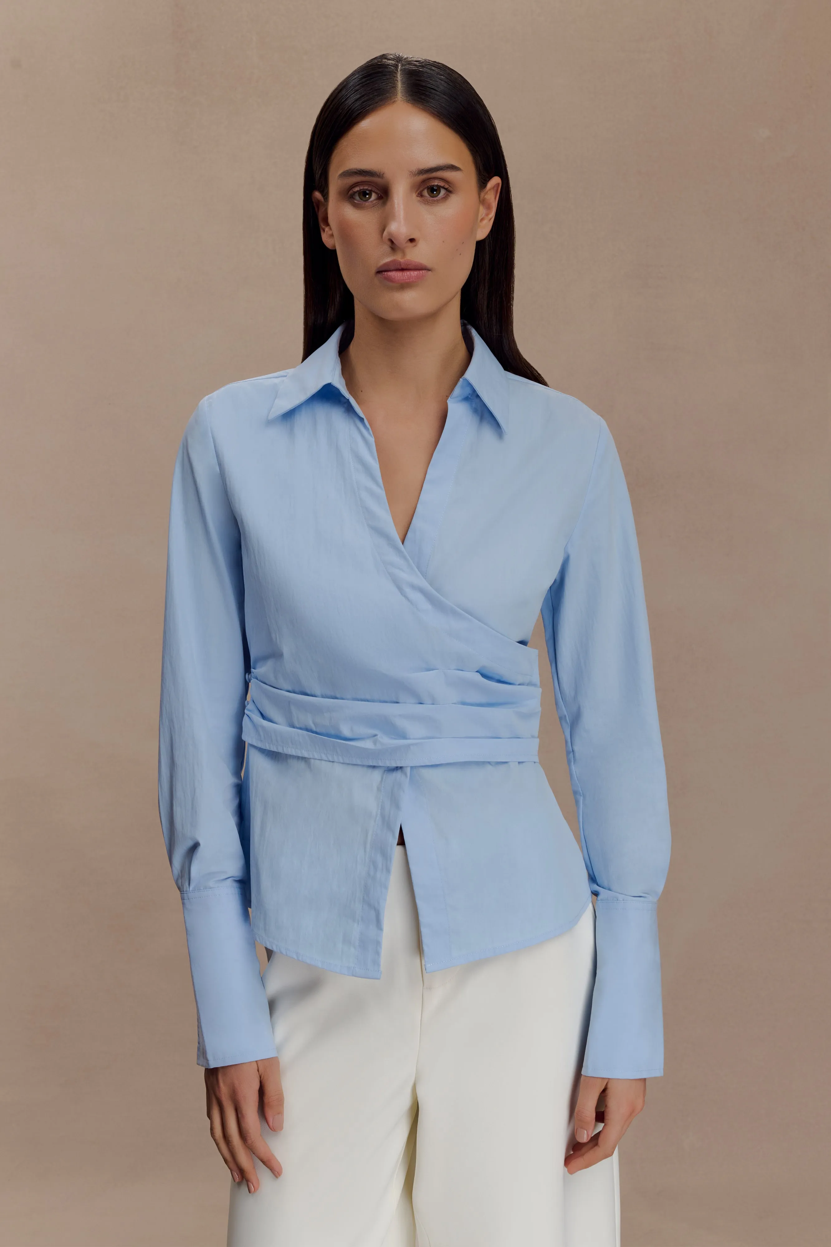 OversizedFit Eugenia Wrap Cotton Shirt - Blue