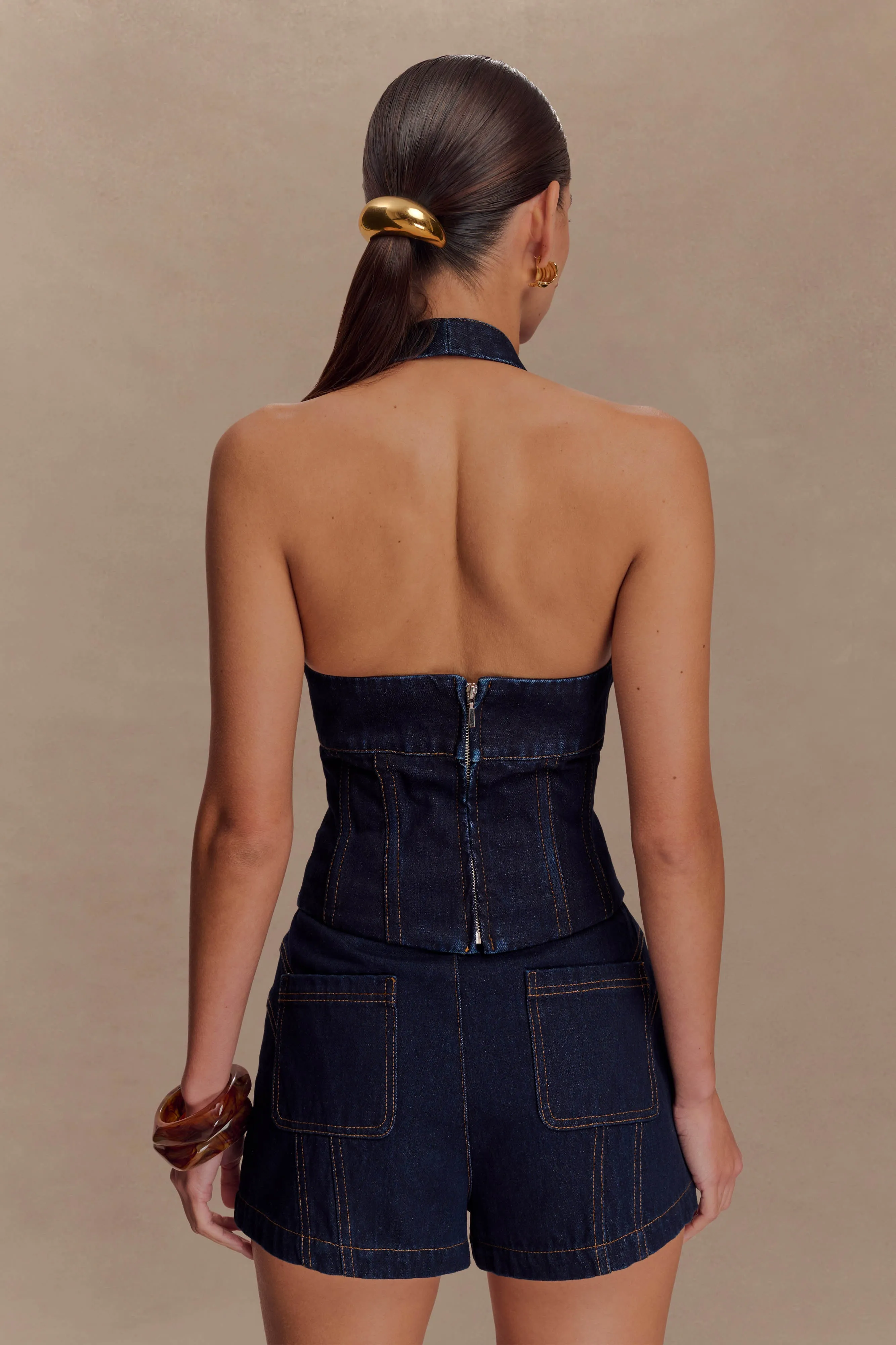 casual top LowMaintenance Fabric Meadow Denim Corset Halter Top - Indigo Blue