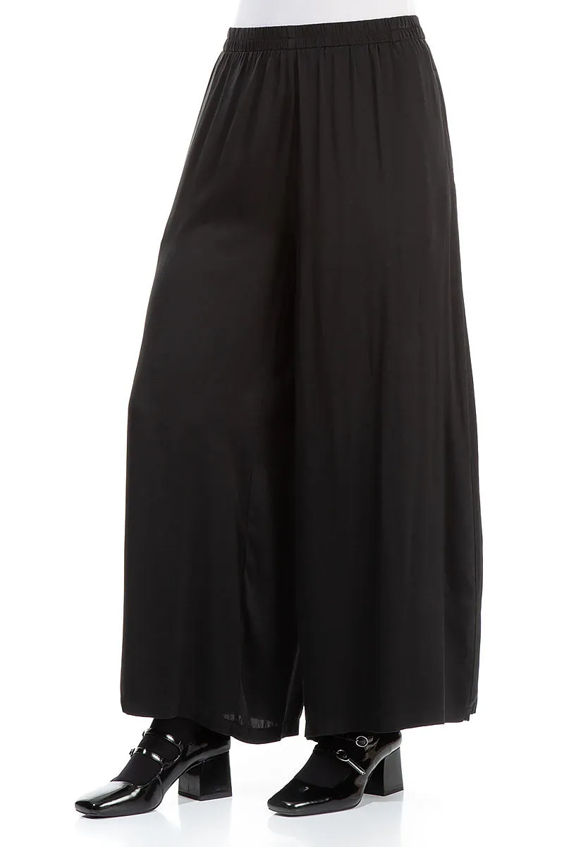 Wide Leg Black Silk Trousers ReinforcedHemline