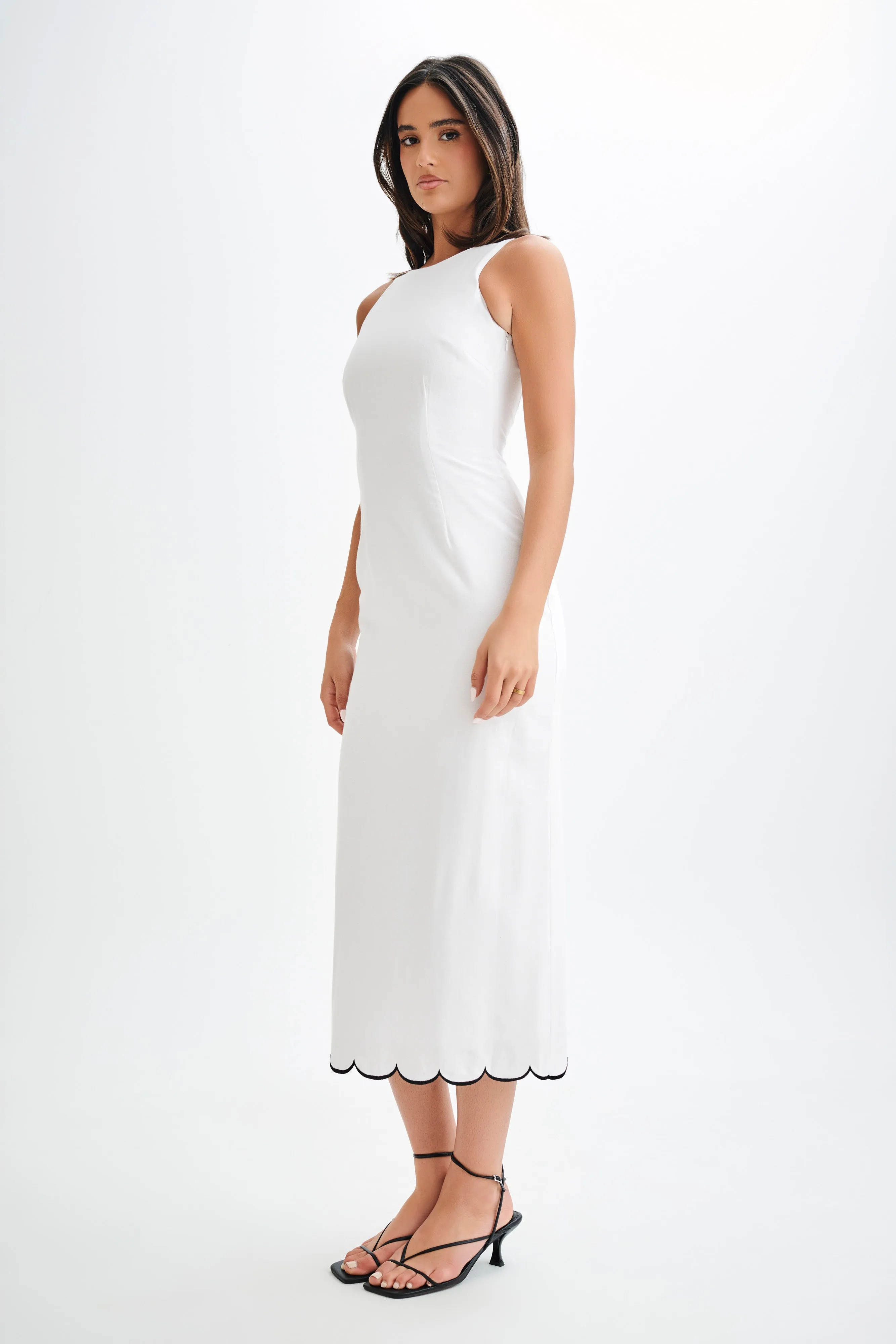 Sheer Layer Sofiane Scalloped Linen Midi Dress - Ivory