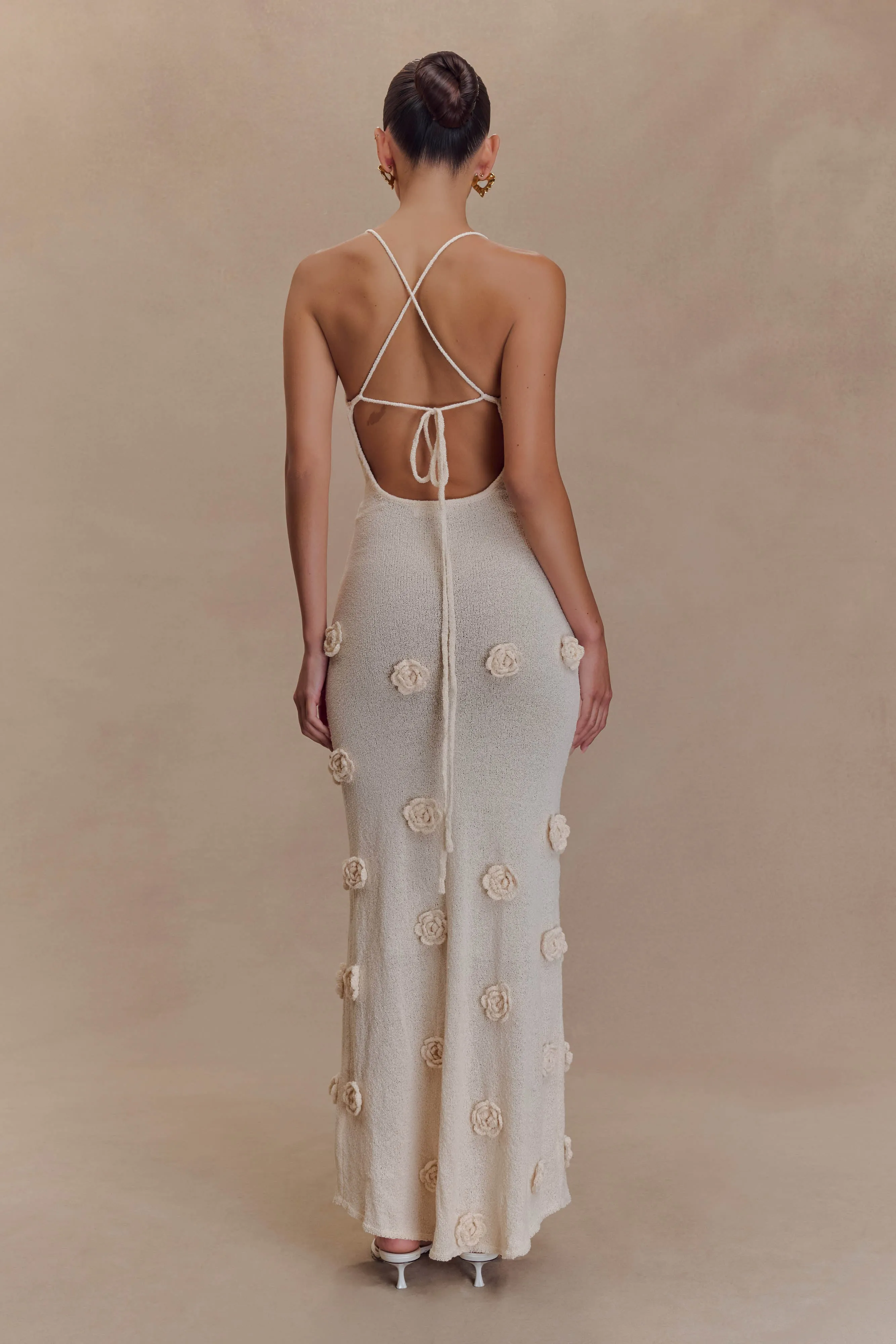 Suki Knit Maxi Dress With Flowers - Nude Casual Layers Lounge Outfit